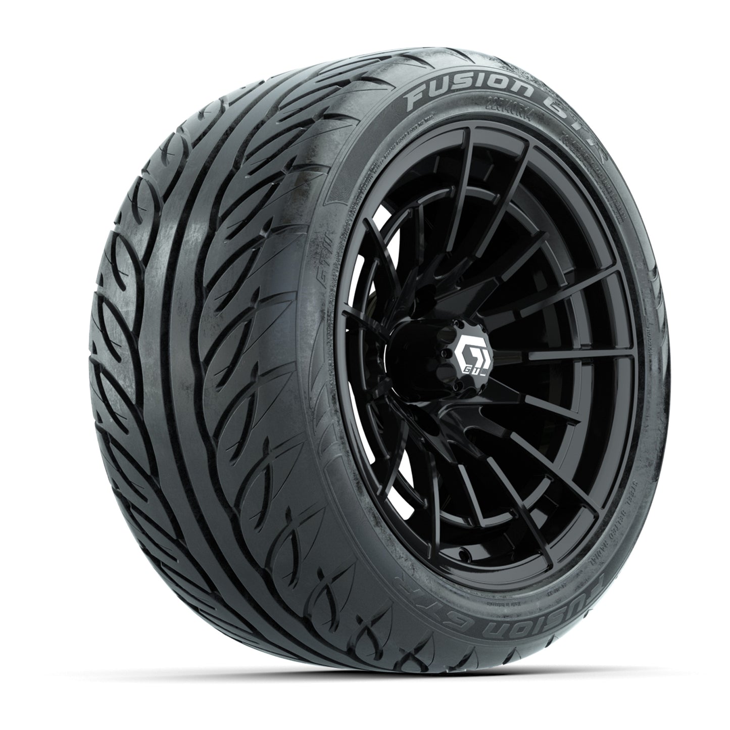 GTW® Boost Gloss Black 14 in Wheels with 225/40-R14 Fusion GTR Steel Belt Radial Street Tires – Full Set