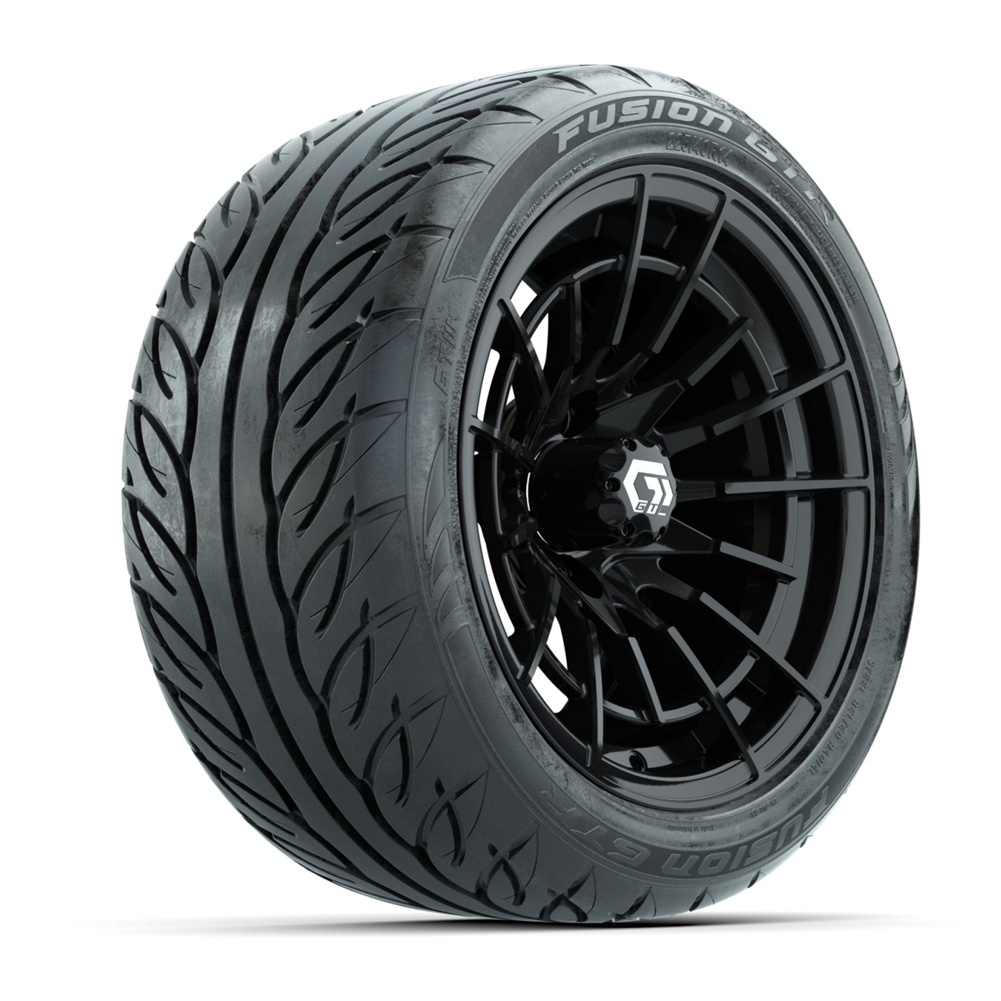 GTW® Boost Gloss Black 14 in Wheels with 225/40-R14 Fusion GTR Steel Belt Radial Street Tires – Full Set