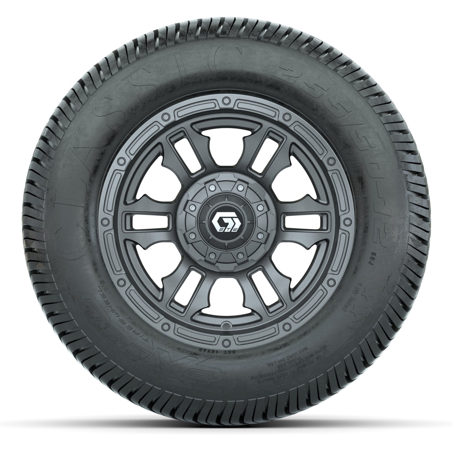 GTW® Shogun Gunmetal 12 in Wheels with 255/50-12 Excel Classic Street Tires – Full Set