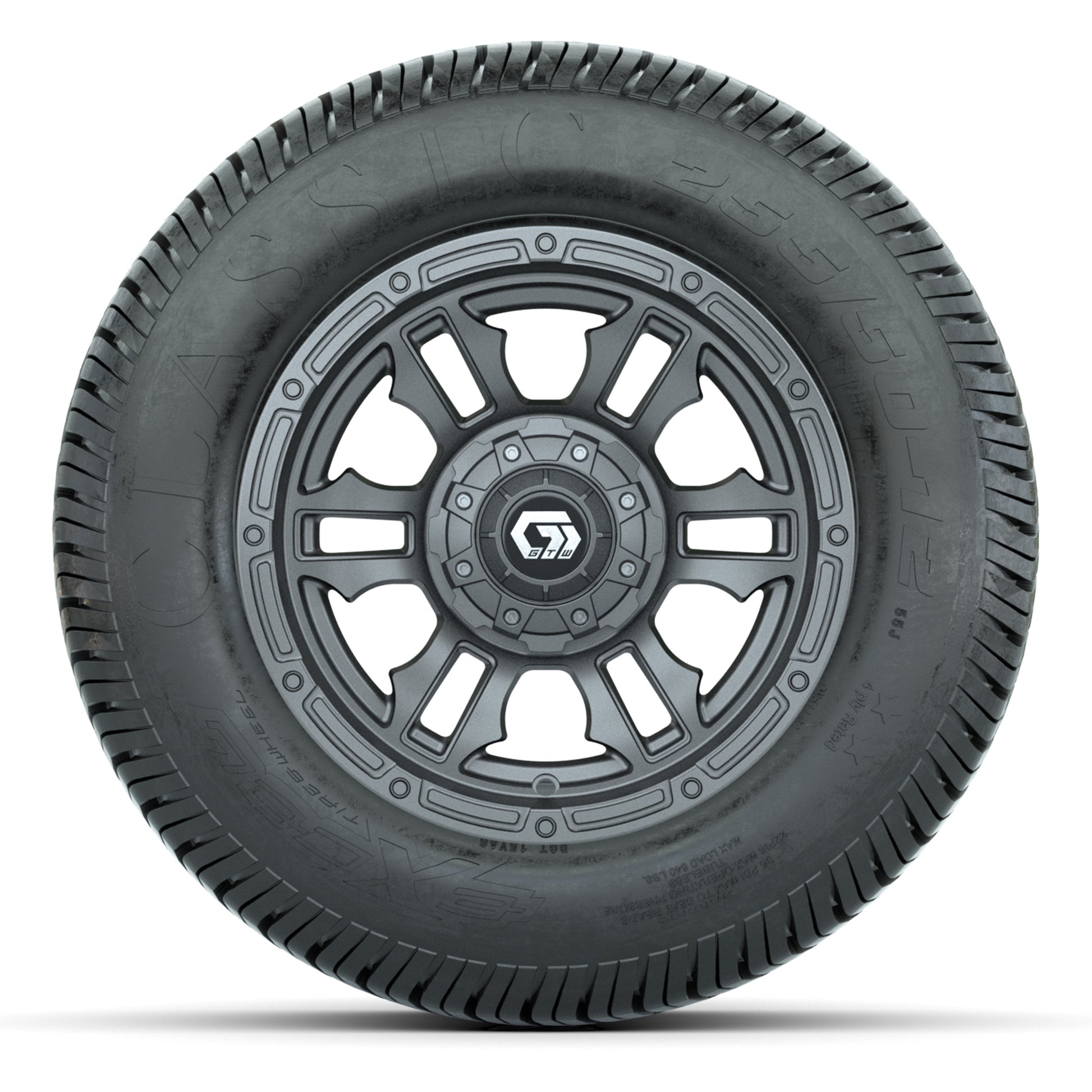 GTW® Shogun Gunmetal 12 in Wheels with 255/50-12 Excel Classic Street Tires – Full Set