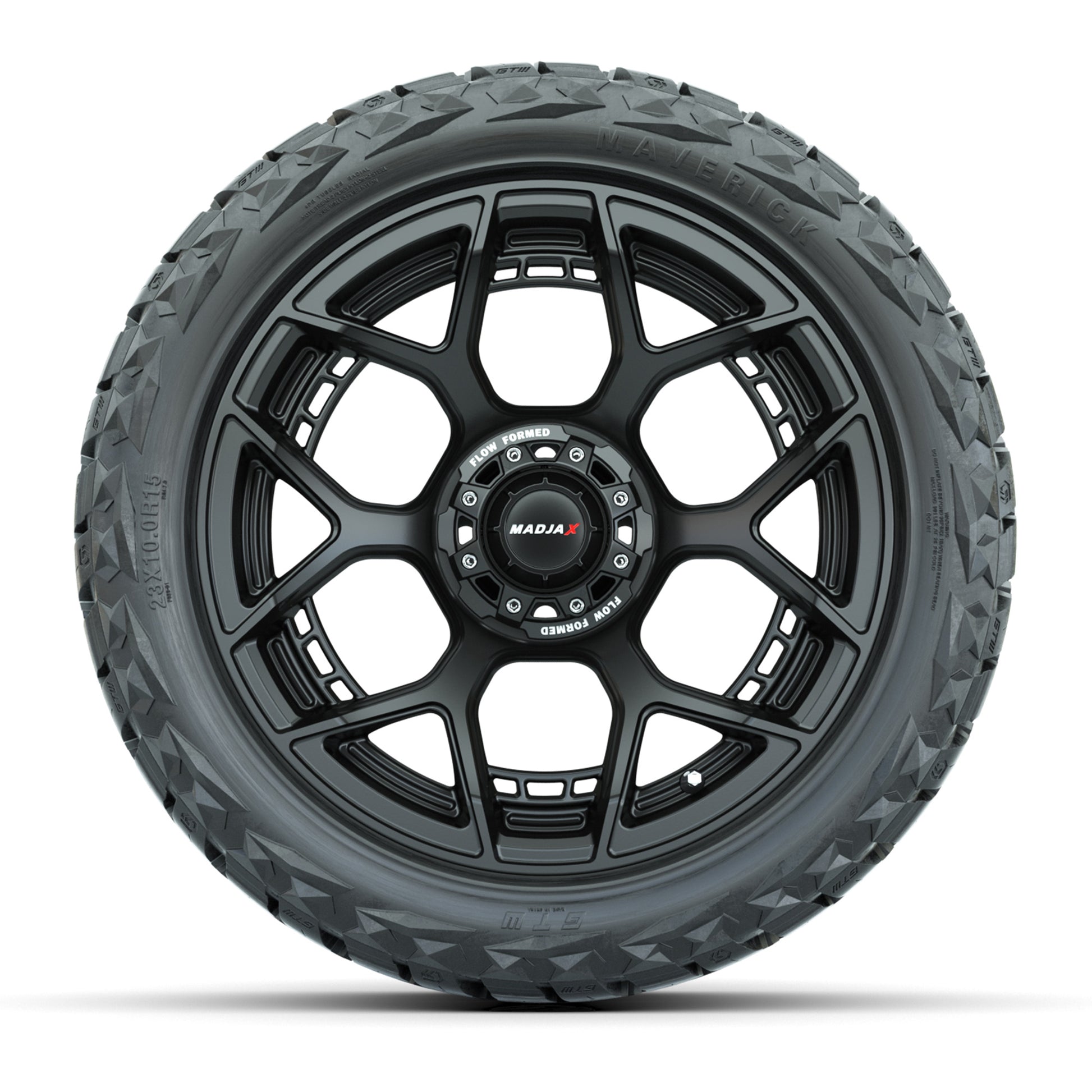 GTW MadJax® Flow Form Evolution Matte Black 15 in Wheels with 23x10.00-R15 Maverick All-Terrain Tires – Full Set