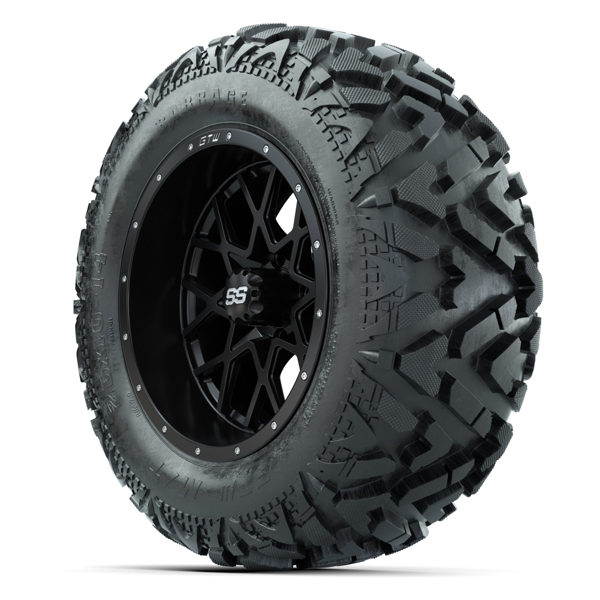 GTW Vortex Matte Black 14 in Wheels with 25x10-14 Barrage Mud Tires – Full Set