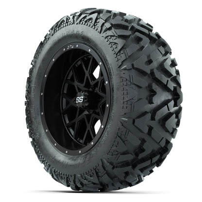 GTW Vortex Matte Black 14 in Wheels with 25x10-14 Barrage Mud Tires – Full Set