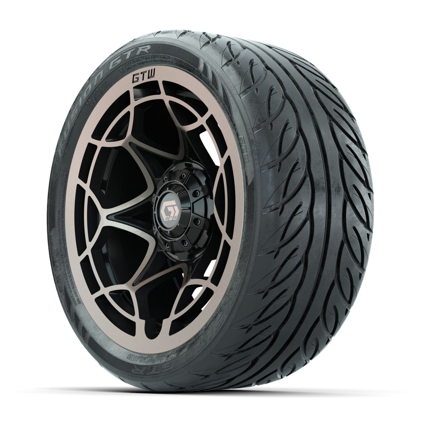 GTW® Nexus Gloss Black/Bronze 14 in Wheels with 205/40-R14 Fusion GTR Steel Belted Street Tires – Full Set