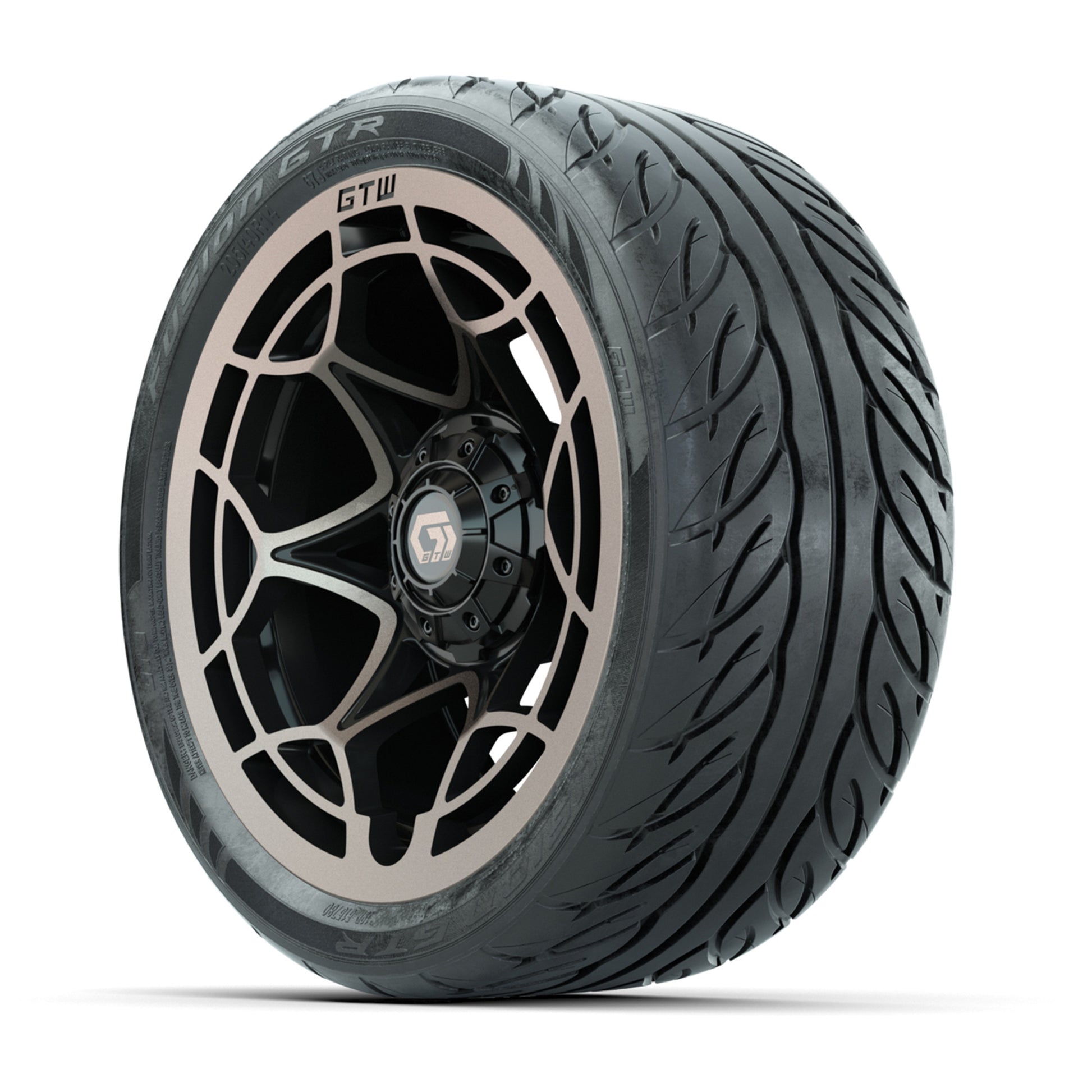 GTW® Nexus Gloss Black/Bronze 14 in Wheels with 205/40-R14 Fusion GTR Steel Belted Street Tires – Full Set