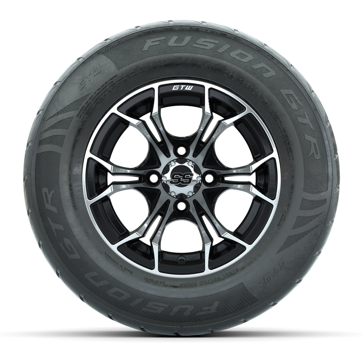 GTW® Spyder Black/Machined 12 in Wheels with 255/55-R12 Fusion GTR Steel Belt Radial Street Tires – Full Set