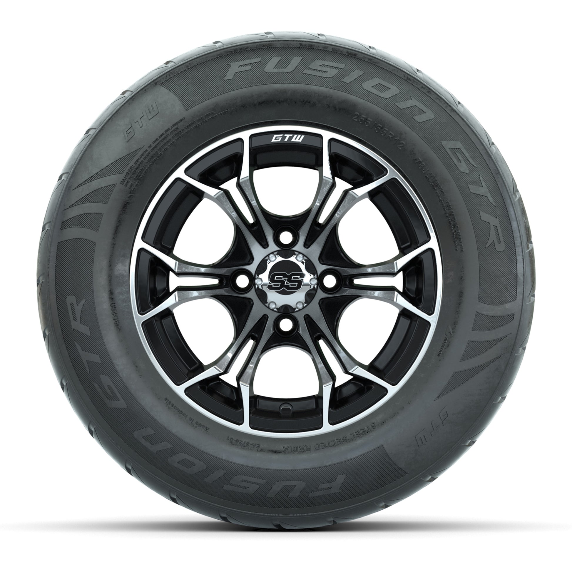 GTW® Spyder Black/Machined 12 in Wheels with 255/55-R12 Fusion GTR Steel Belt Radial Street Tires – Full Set