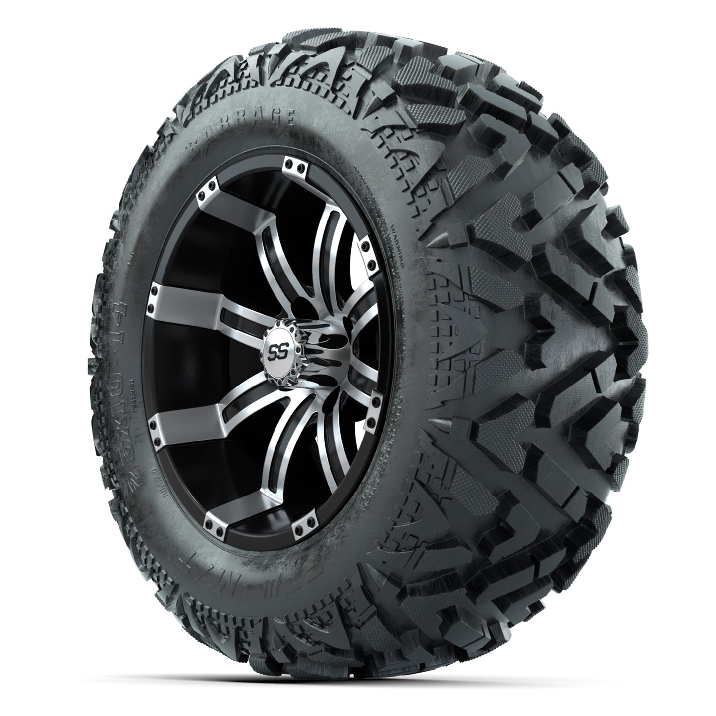 GTW Tempest Black/Machined 14 in Wheels with 25x10-14 Barrage Mud Tires – Full Set