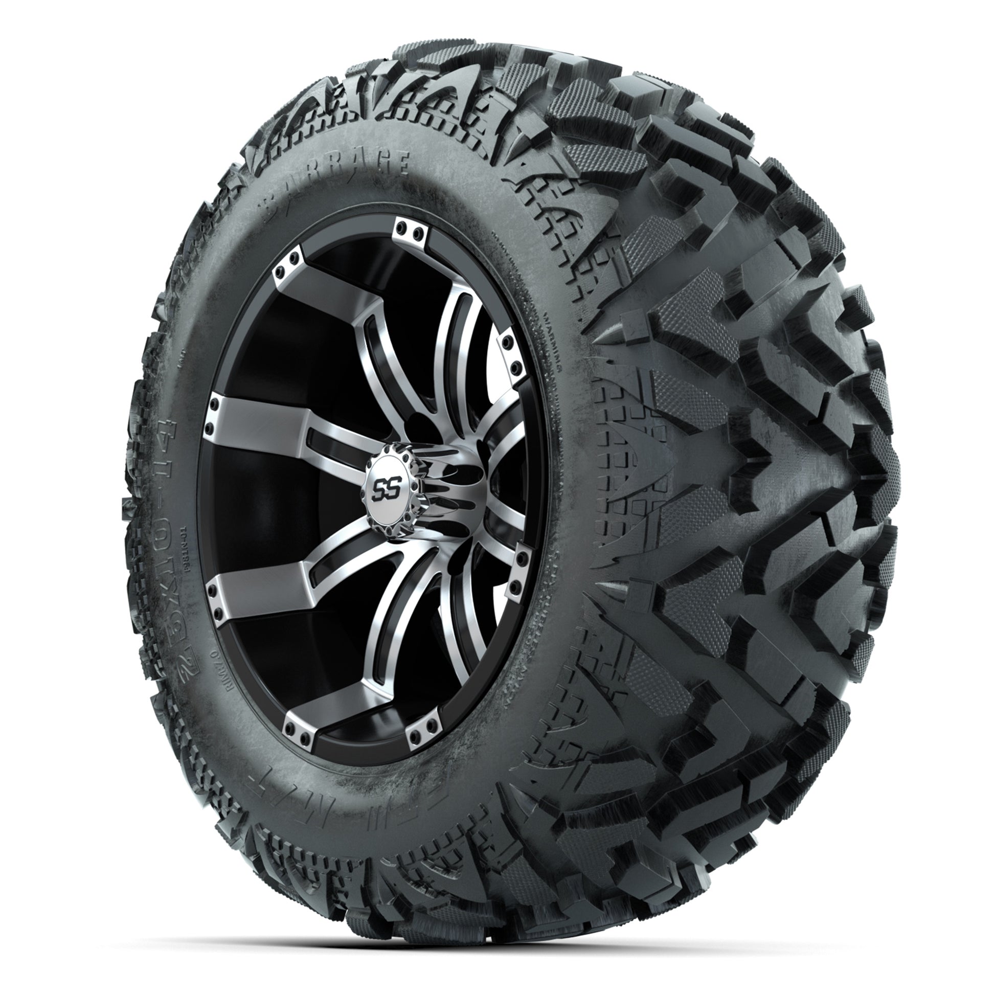 GTW Tempest Black/Machined 14 in Wheels with 25x10-14 Barrage Mud Tires – Full Set