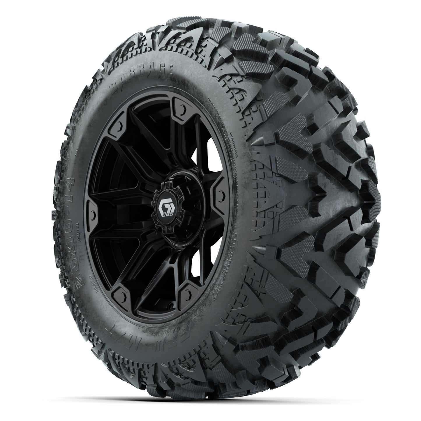 GTW Graffiti Gloss Black 14 in Wheels with 25x10-14 Barrage Mud Tires – Full Set