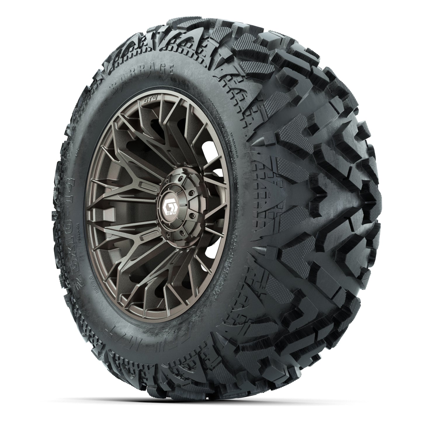 GTW Stellar Matte Bronze 14 in Wheels with 25x10-14 Barrage Mud Tires – Full Set