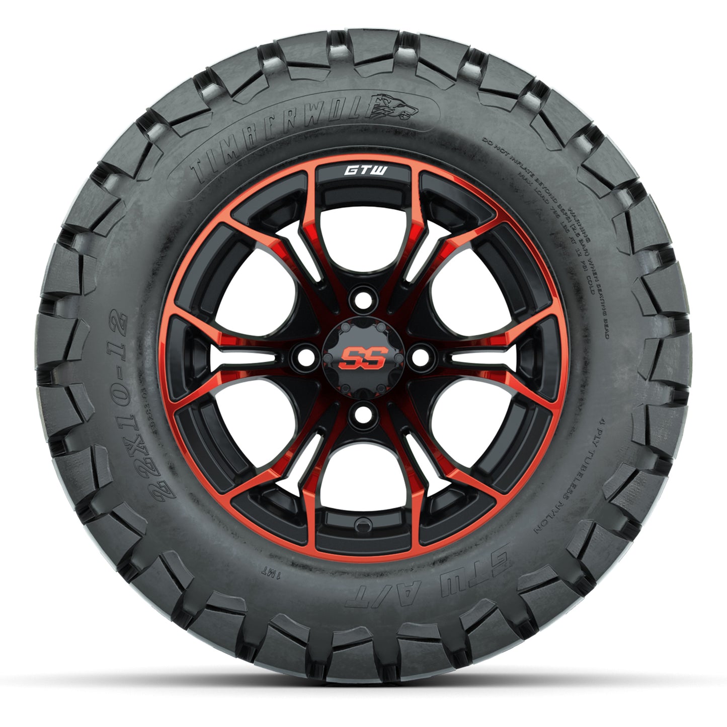 GTW® Spyder Black/Red 12 in Wheels with 22X10-12 Timberwolf All-Terrain Tires – Full Set