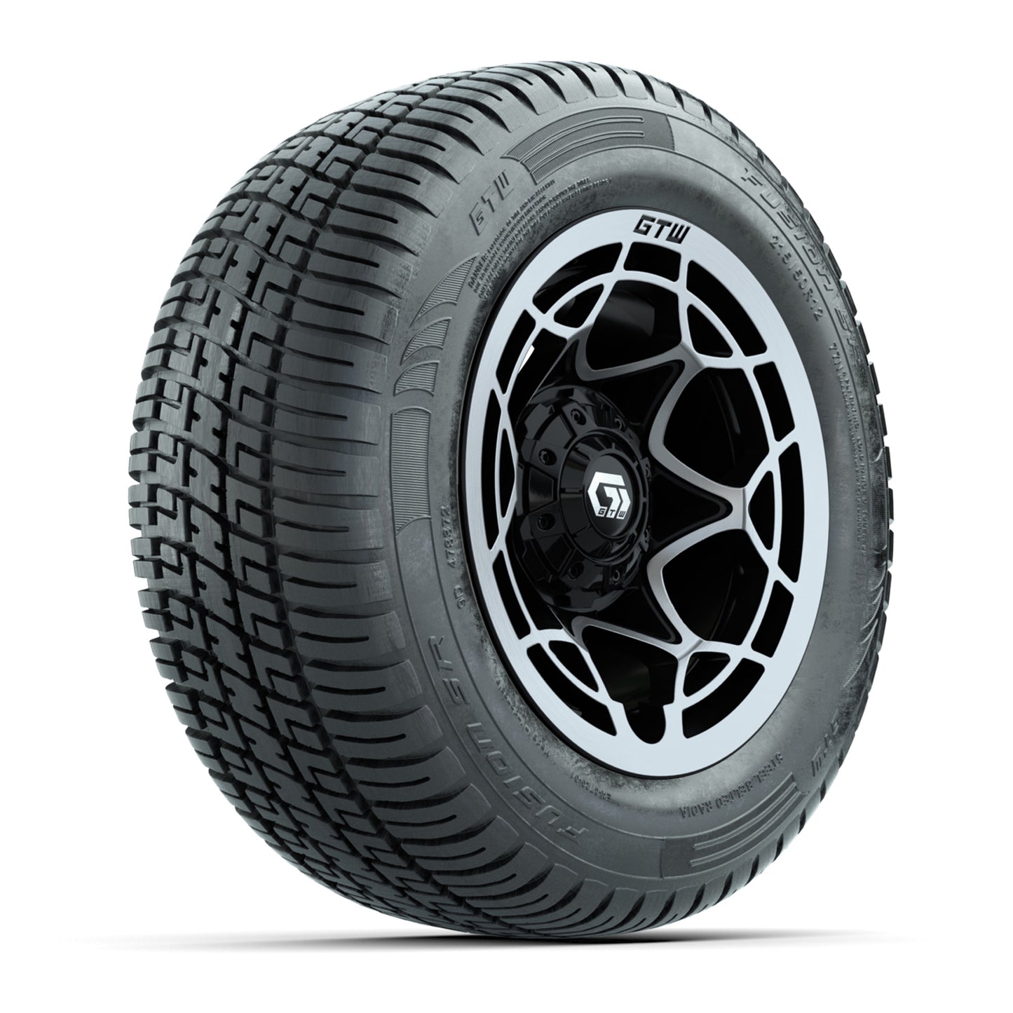 GTW® Nexus Gloss Black 12 in Wheels with 215/50-R12 Fusion S/R Steel Belt Radial Tires – Full Set