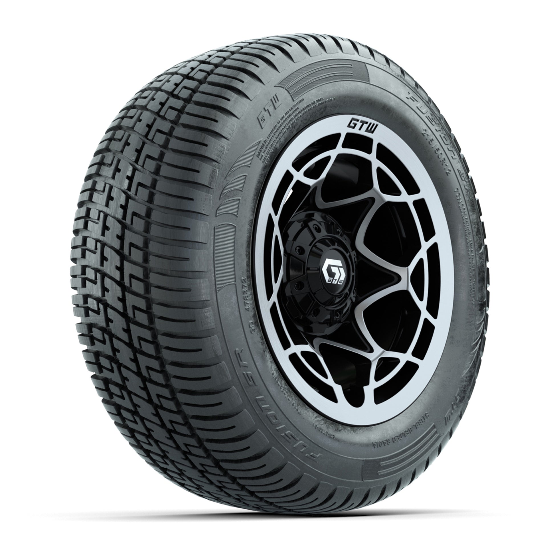 GTW® Nexus Gloss Black 12 in Wheels with 215/50-R12 Fusion S/R Steel Belt Radial Tires – Full Set