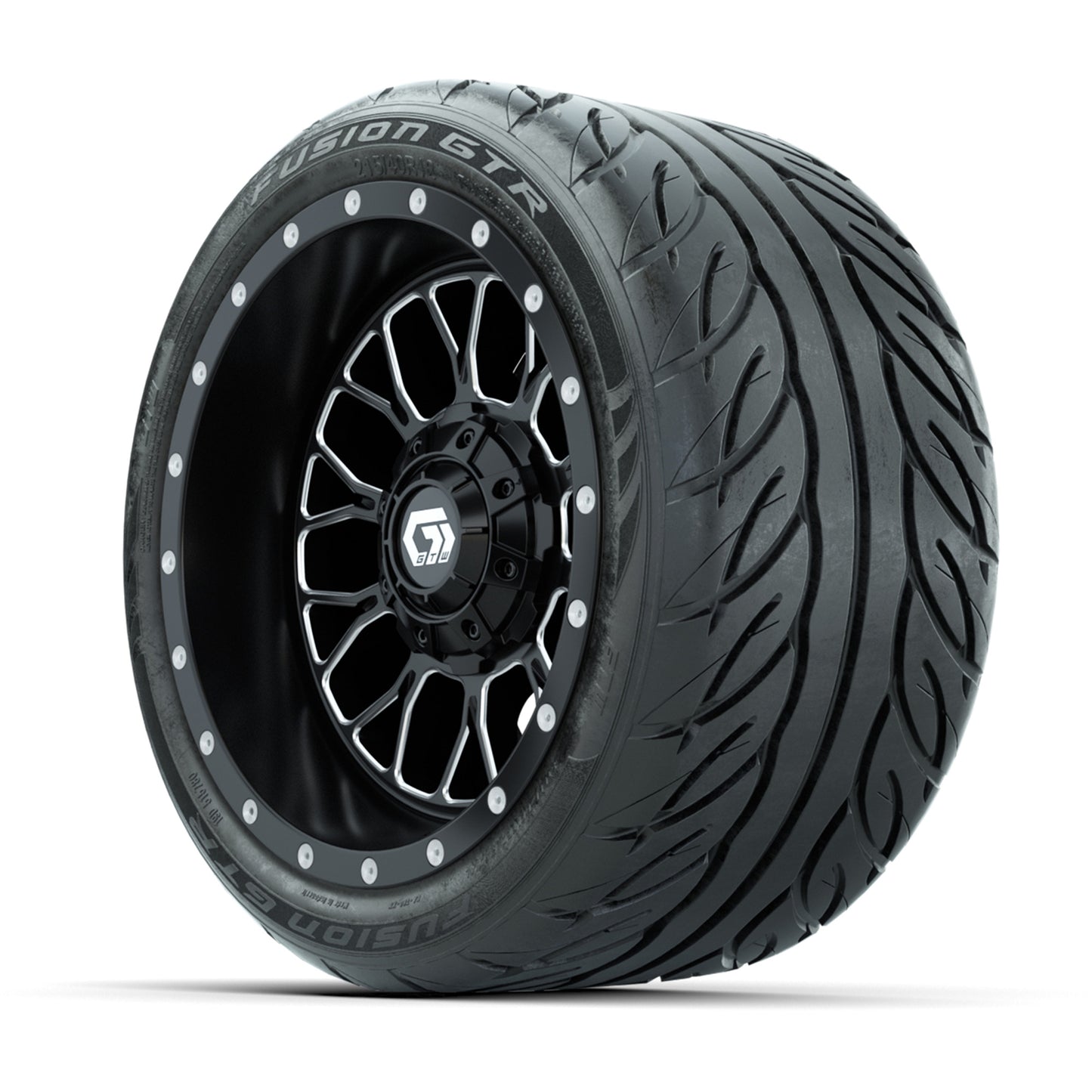 GTW® Helix Black/Machined 12 in Wheels with 215/40-R12 Fusion GTR Steel Belt Radial Street Tires – Full Set