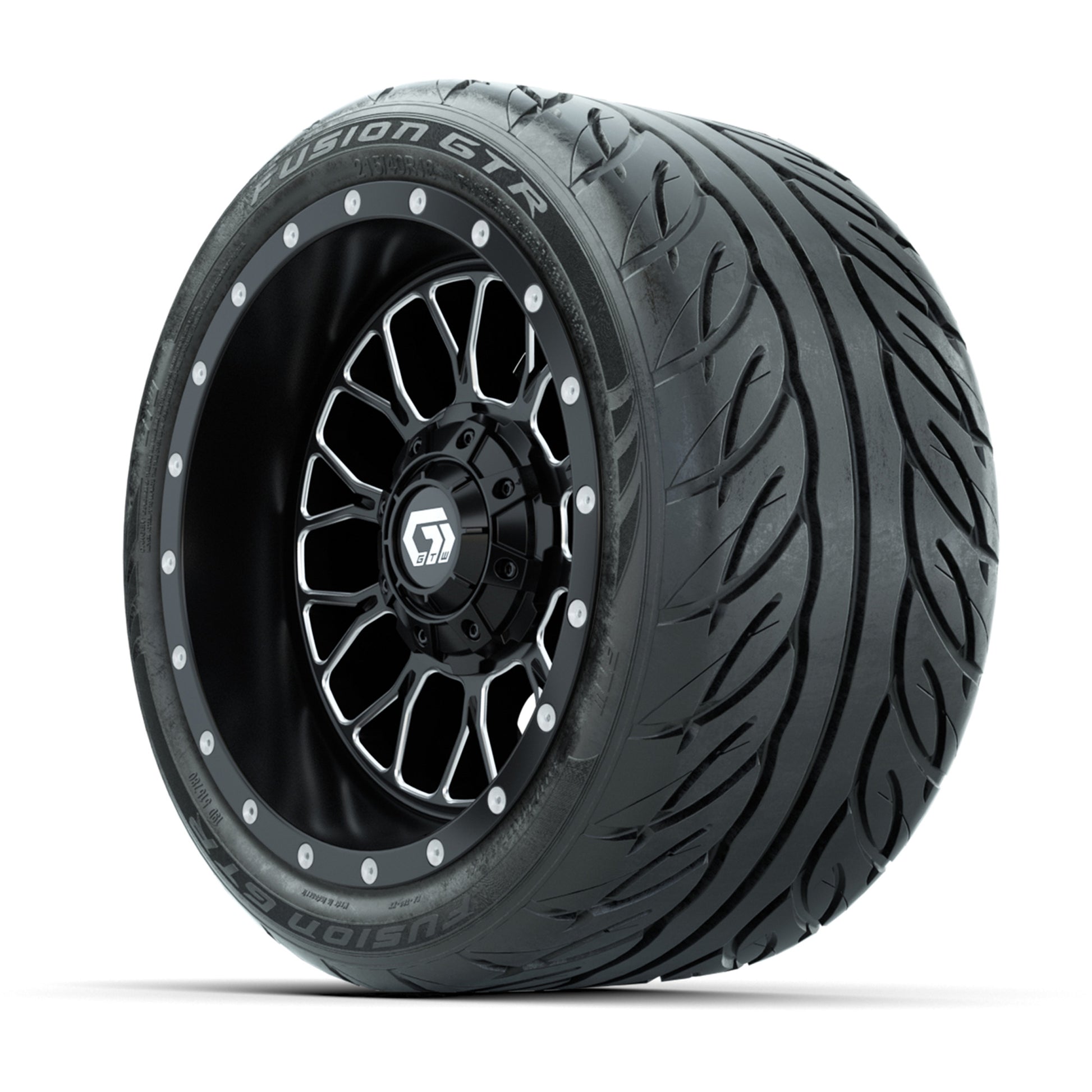 GTW® Helix Black/Machined 12 in Wheels with 215/40-R12 Fusion GTR Steel Belt Radial Street Tires – Full Set