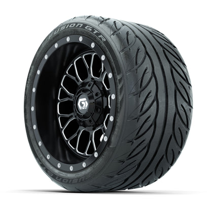 GTW® Helix Black/Machined 12 in Wheels with 215/40-R12 Fusion GTR Steel Belt Radial Street Tires – Full Set