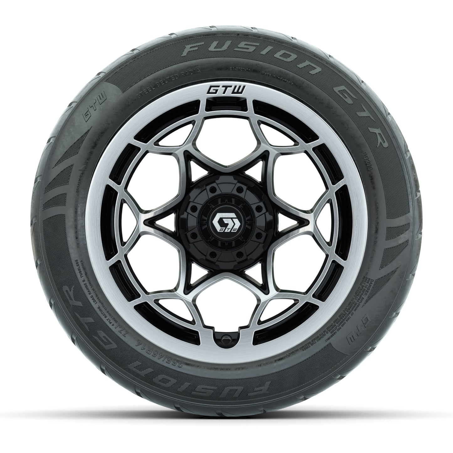GTW® Nexus Black with Silver Face 14 in Wheels with 255/45-R14 Fusion GTR Steel Belt Radial Street Tires – Full Set