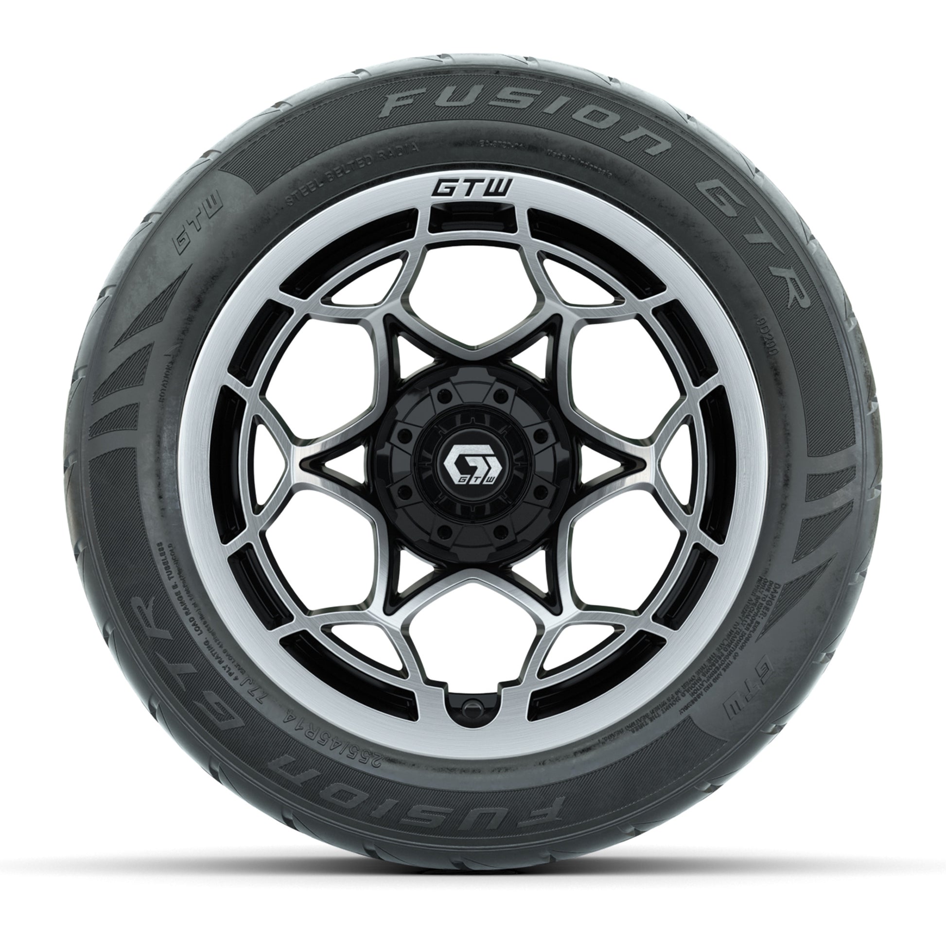 GTW® Nexus Black with Silver Face 14 in Wheels with 255/45-R14 Fusion GTR Steel Belt Radial Street Tires – Full Set
