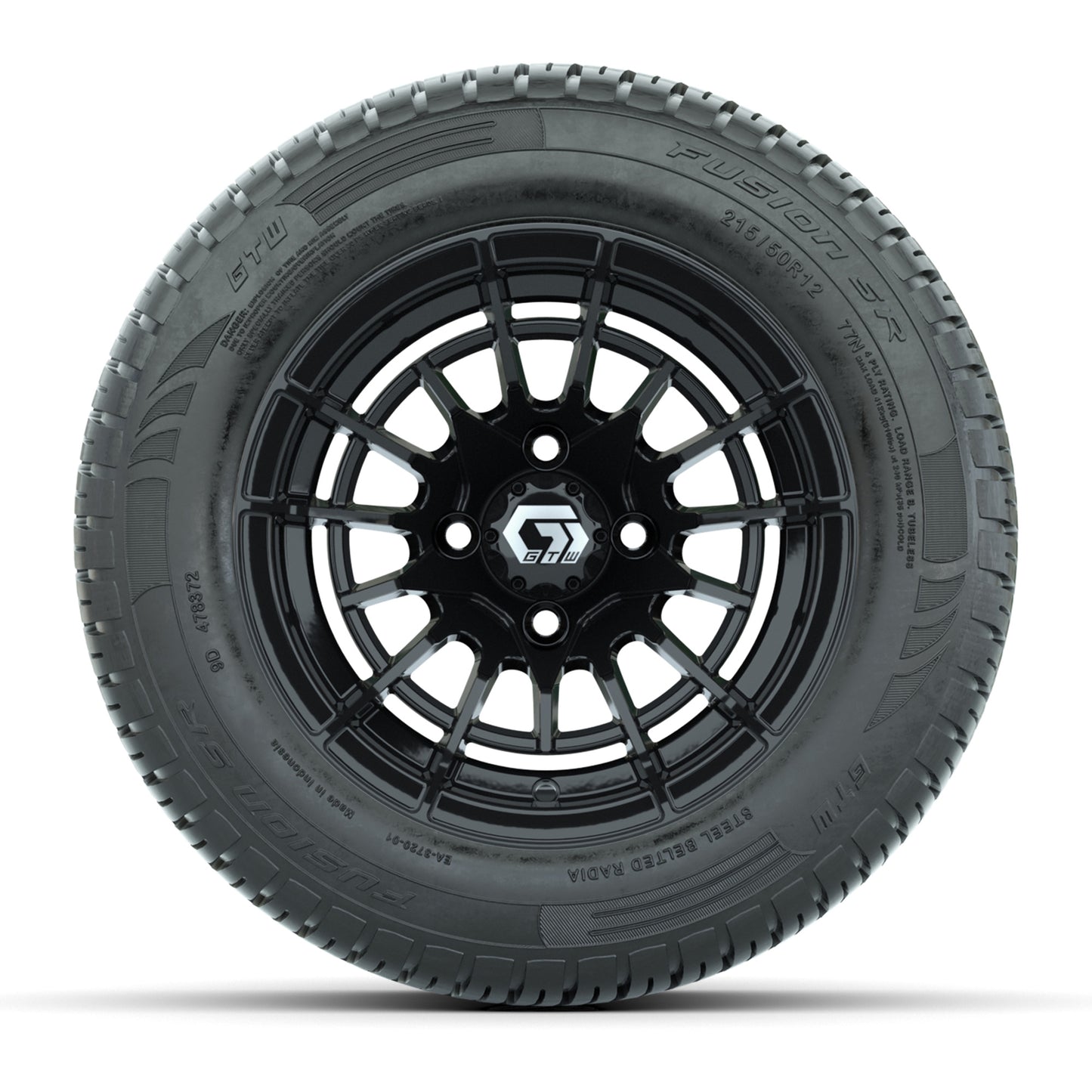 GTW® Boost Gloss Black 12 in Wheels with 215/50-R12 Fusion S/R Steel Belt Radial Tires – Full Set