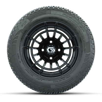 GTW® Boost Gloss Black 12 in Wheels with 215/50-R12 Fusion S/R Steel Belt Radial Tires – Full Set
