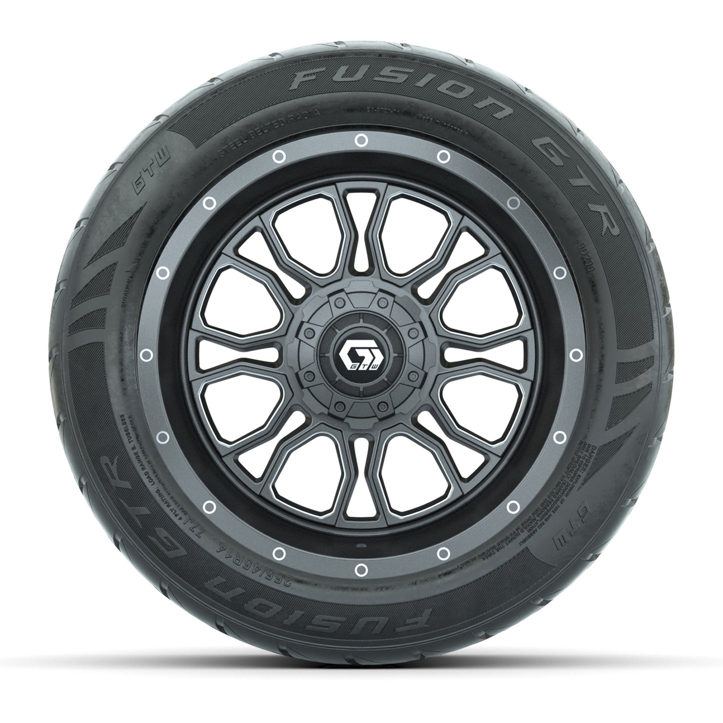 GTW® Volt Gunmetal 14 in Wheels with 255/45-R14 Fusion GTR Steel Belt Radial Street Tires – Full Set