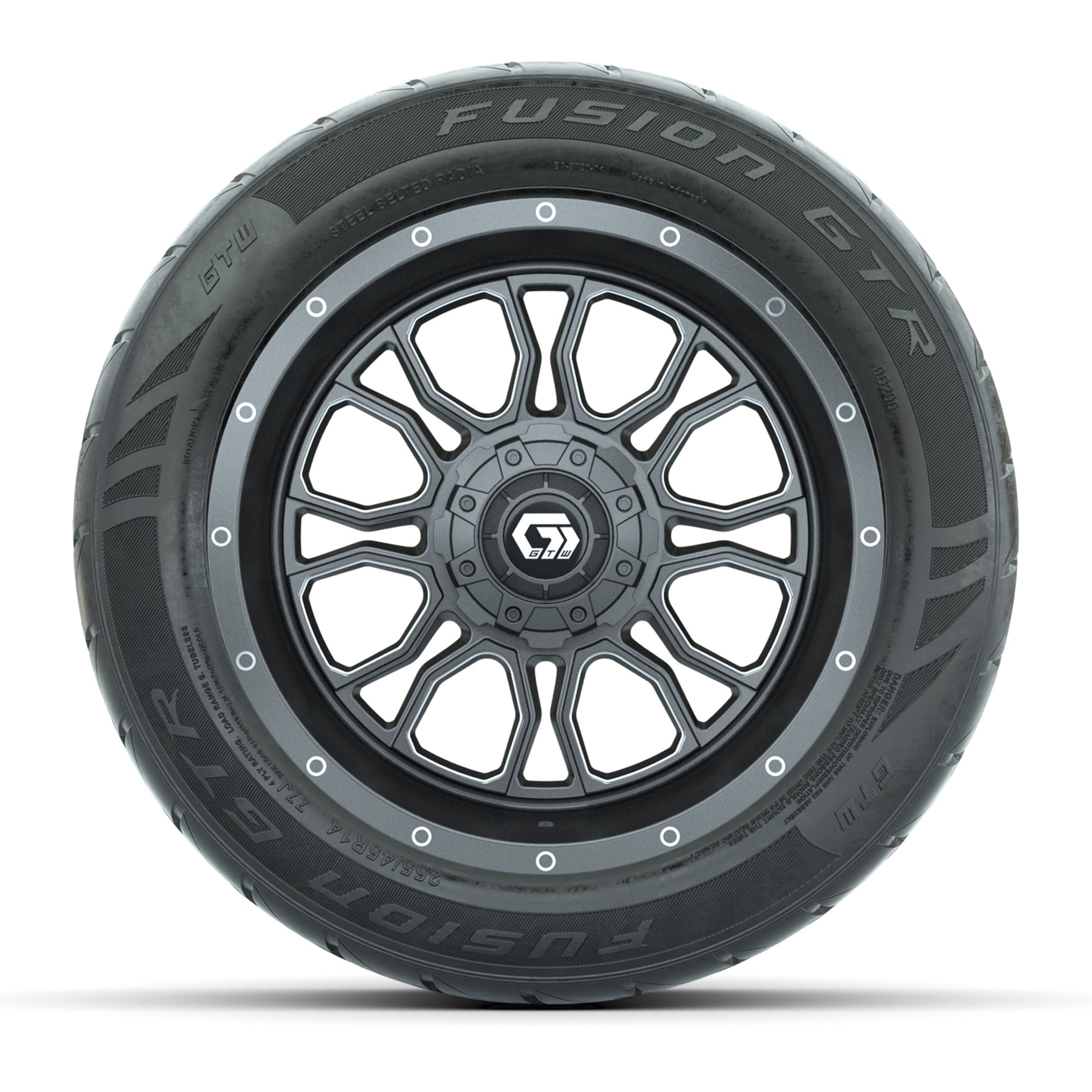 GTW® Volt Gunmetal 14 in Wheels with 255/45-R14 Fusion GTR Steel Belt Radial Street Tires – Full Set