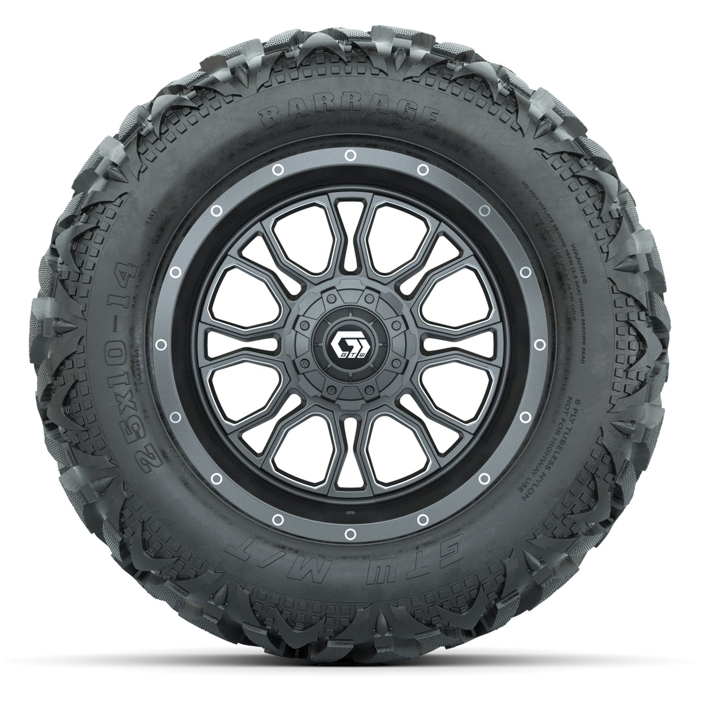 GTW Volt Gunmetal 14 in Wheels with 25x10-14 Barrage Mud Tires – Full Set