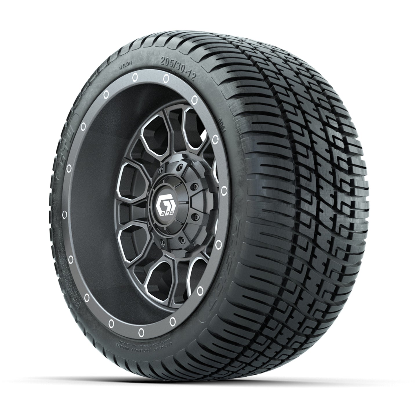 GTW® Volt Gunmetal 12 in Wheels with 205/30-12 Fusion Street Tires – Full Set