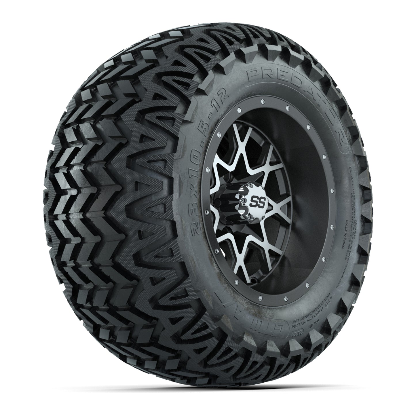 GTW® Vortex 2 Matte Gray/Machined 12 in Wheels with 23X10.5-12 Predator All-Terrain Tires – Full Set