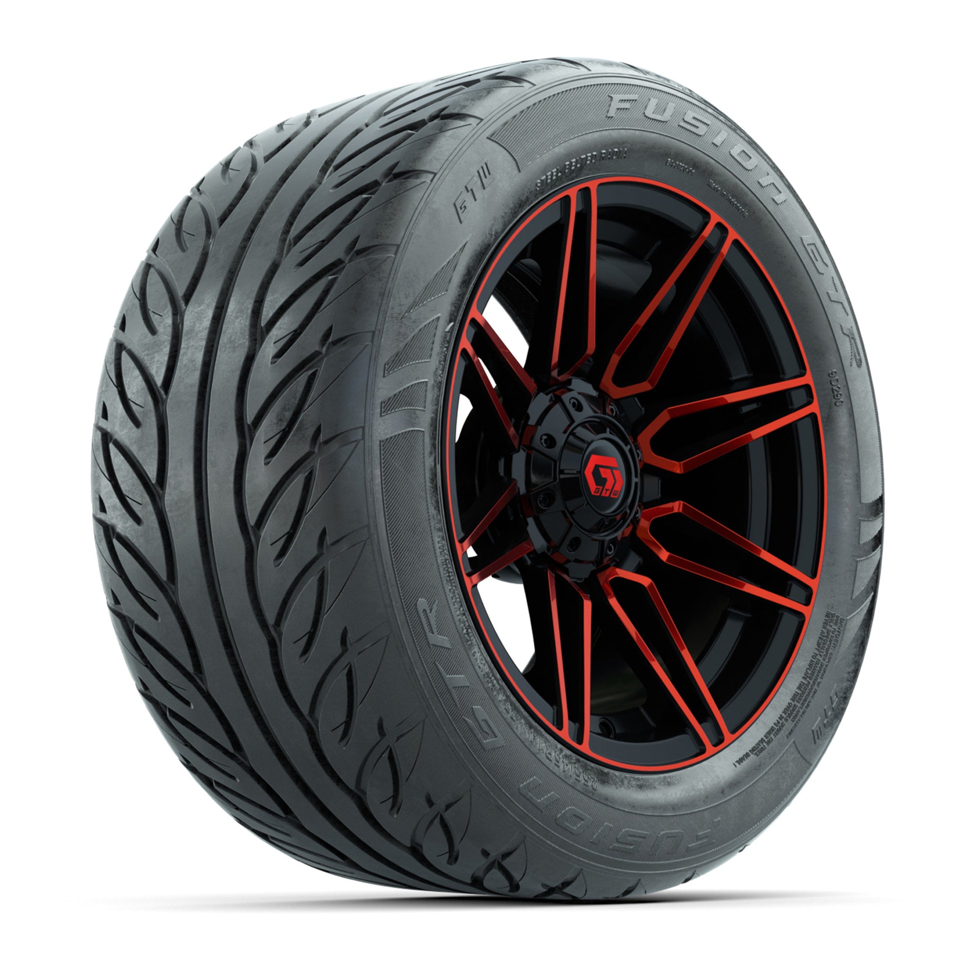 GTW® Stealth Red/Machined 14 in Wheels with 255/45-R14 Fusion GTR Steel Belt Radial Street Tires – Full Set