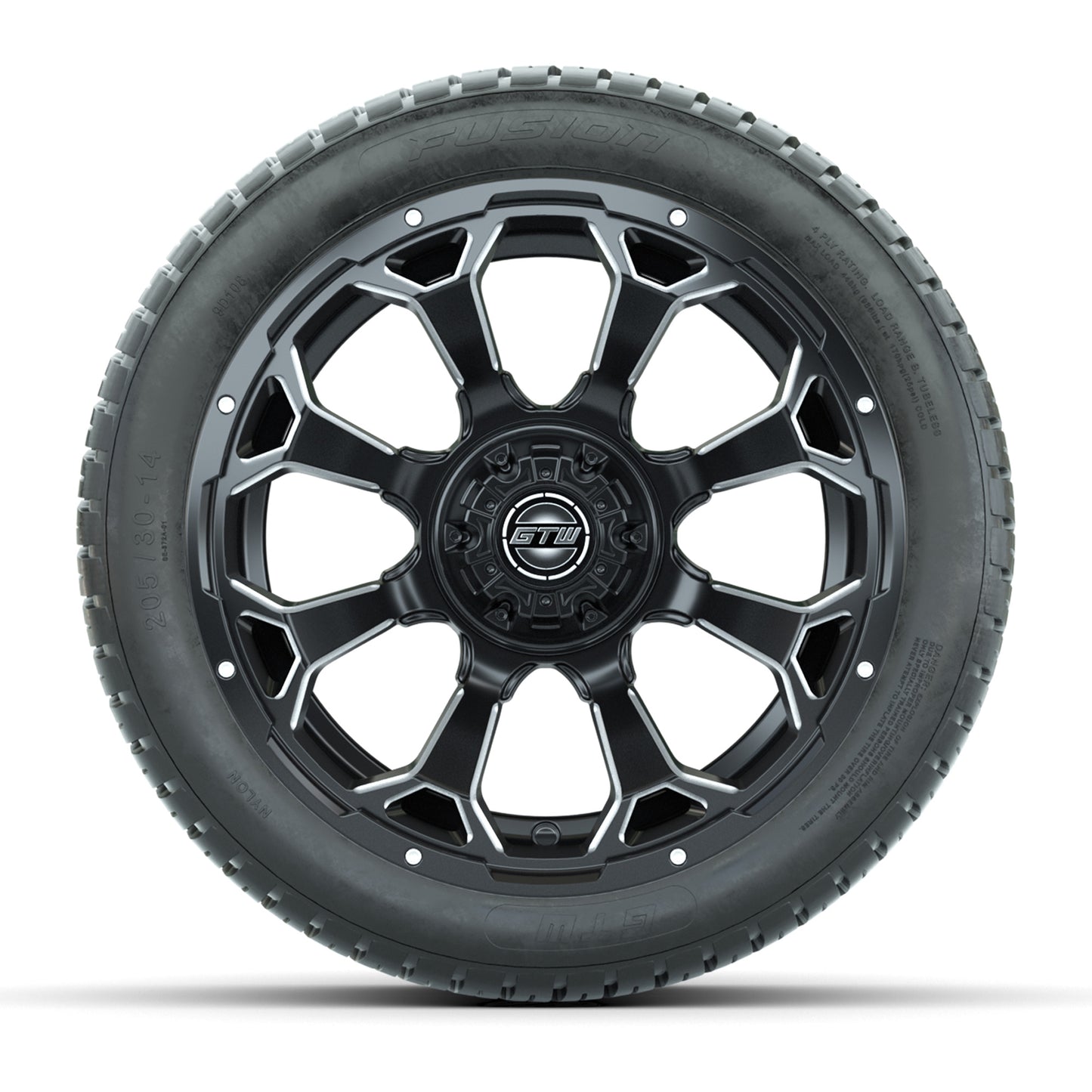 GTW® Raven Matte Black/Ball Milled 14 in Wheels with 205/30-R14 Fusion Street Tires – Full Set