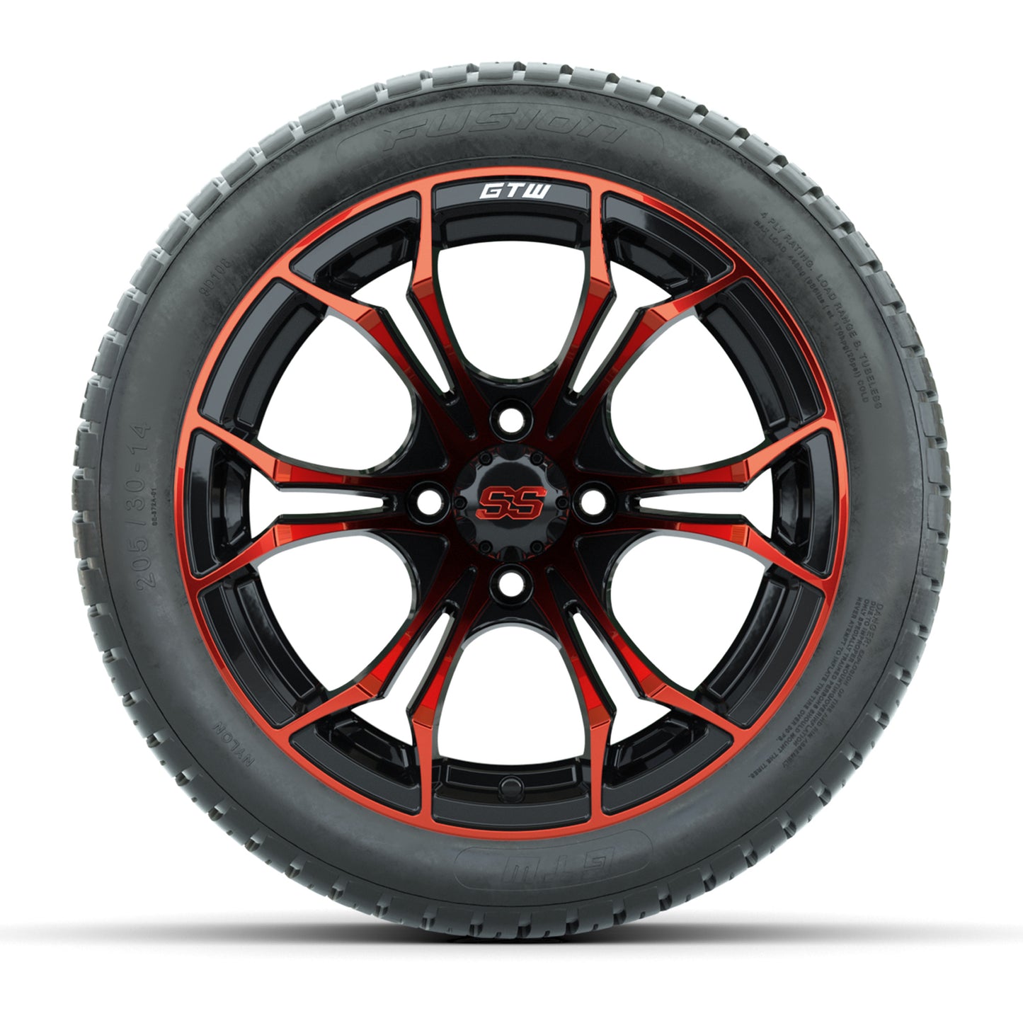 GTW® Spyder Black/Red 14 in Wheels with 205/30-R14 Fusion Street Tires – Full Set