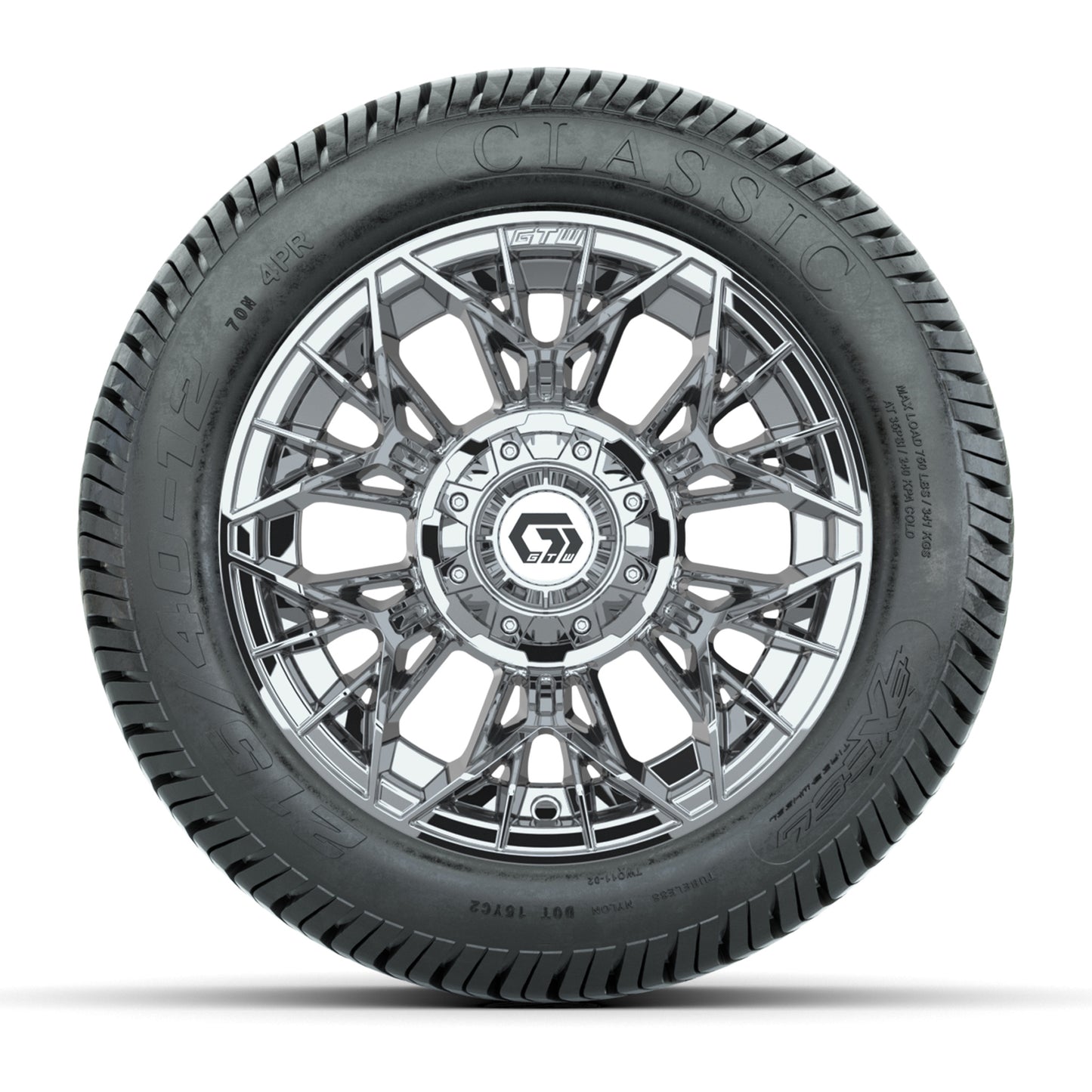 GTW® Stellar Chrome 12 in Wheels with 215/40-12 Excel Classic Street Tires – Full Set