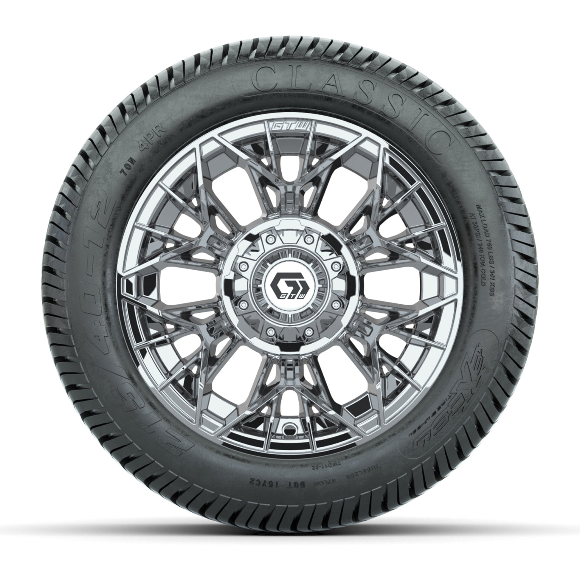 GTW® Stellar Chrome 12 in Wheels with 215/40-12 Excel Classic Street Tires – Full Set