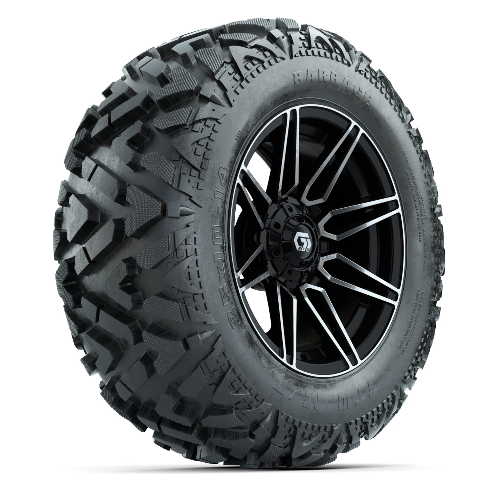 GTW Stealth Black/Machined 14 in Wheels with 25x10-14 Barrage Mud Tires – Full Set