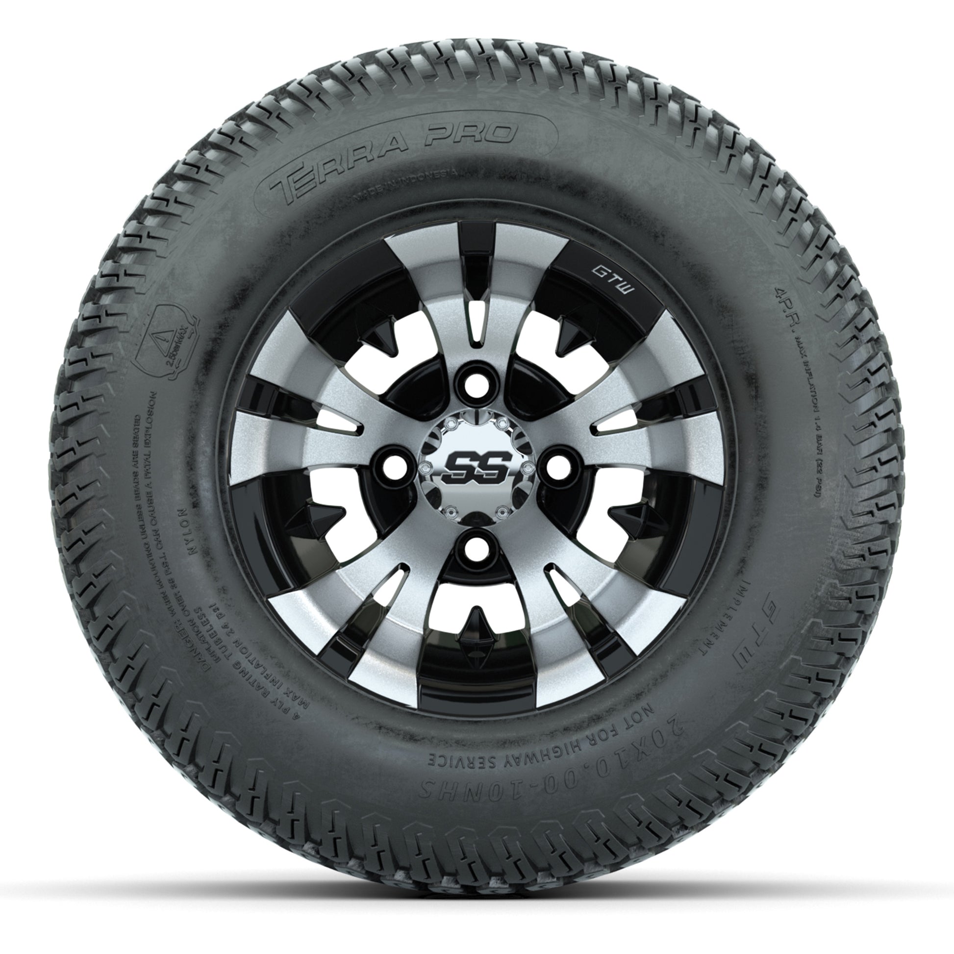 GTW Vampire Black/Machined 10 in Wheels with 20x10-10 S-Pattern Terra Pro Street Tires – Full Set
