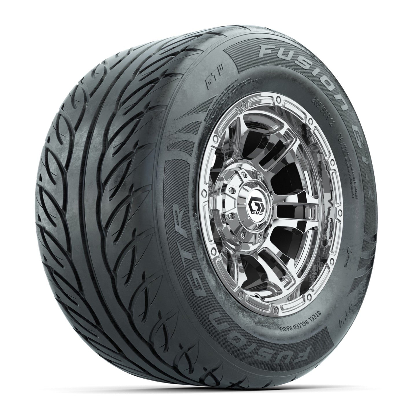 GTW® Shogun Chrome 12 in Wheels with 255/55-R12 Fusion GTR Steel Belt Radial Street Tires – Full Set