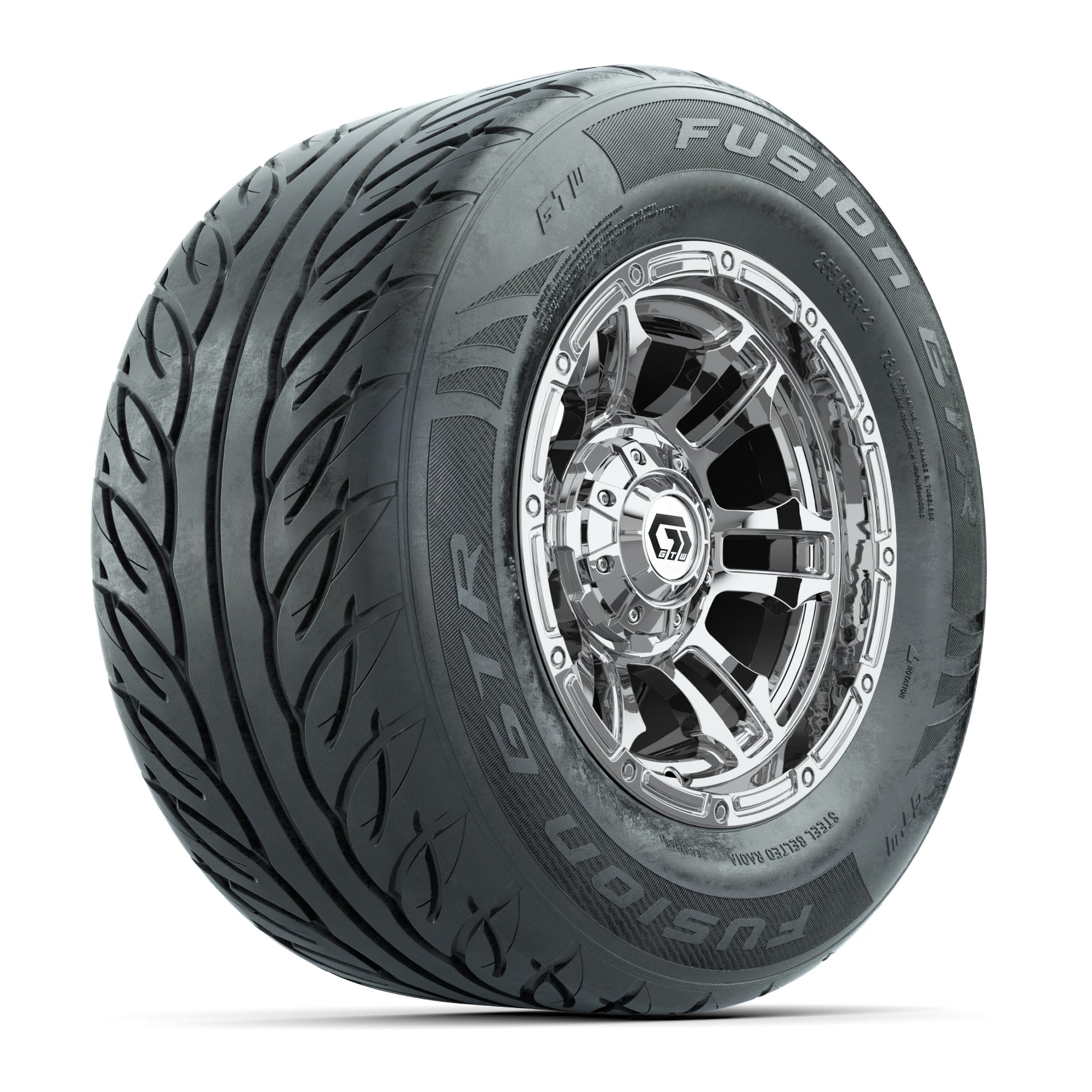GTW® Shogun Chrome 12 in Wheels with 255/55-R12 Fusion GTR Steel Belt Radial Street Tires – Full Set