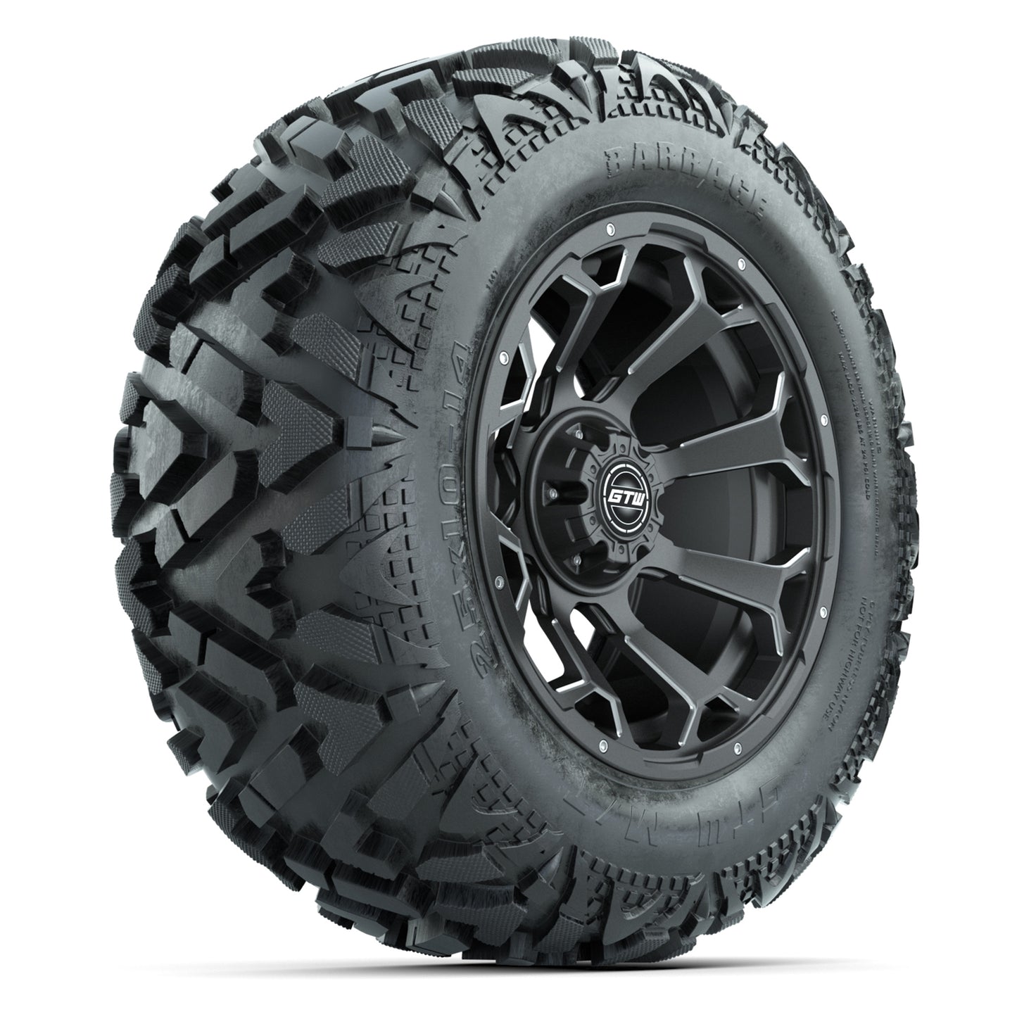 GTW Raven Matte Gray/Ball Mill 14 in Wheels with 25x10-14 Barrage Mud Tires – Full Set