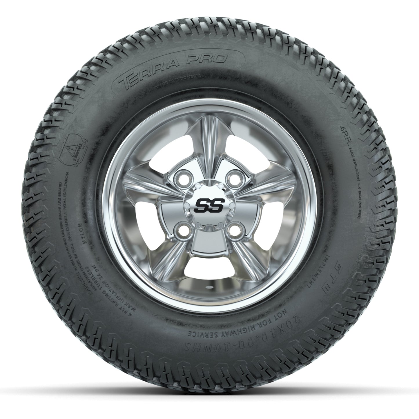 GTW Godfather Chrome 10 in Wheels with 20x10-10 S-Pattern Terra Pro Street Tires – Full Set