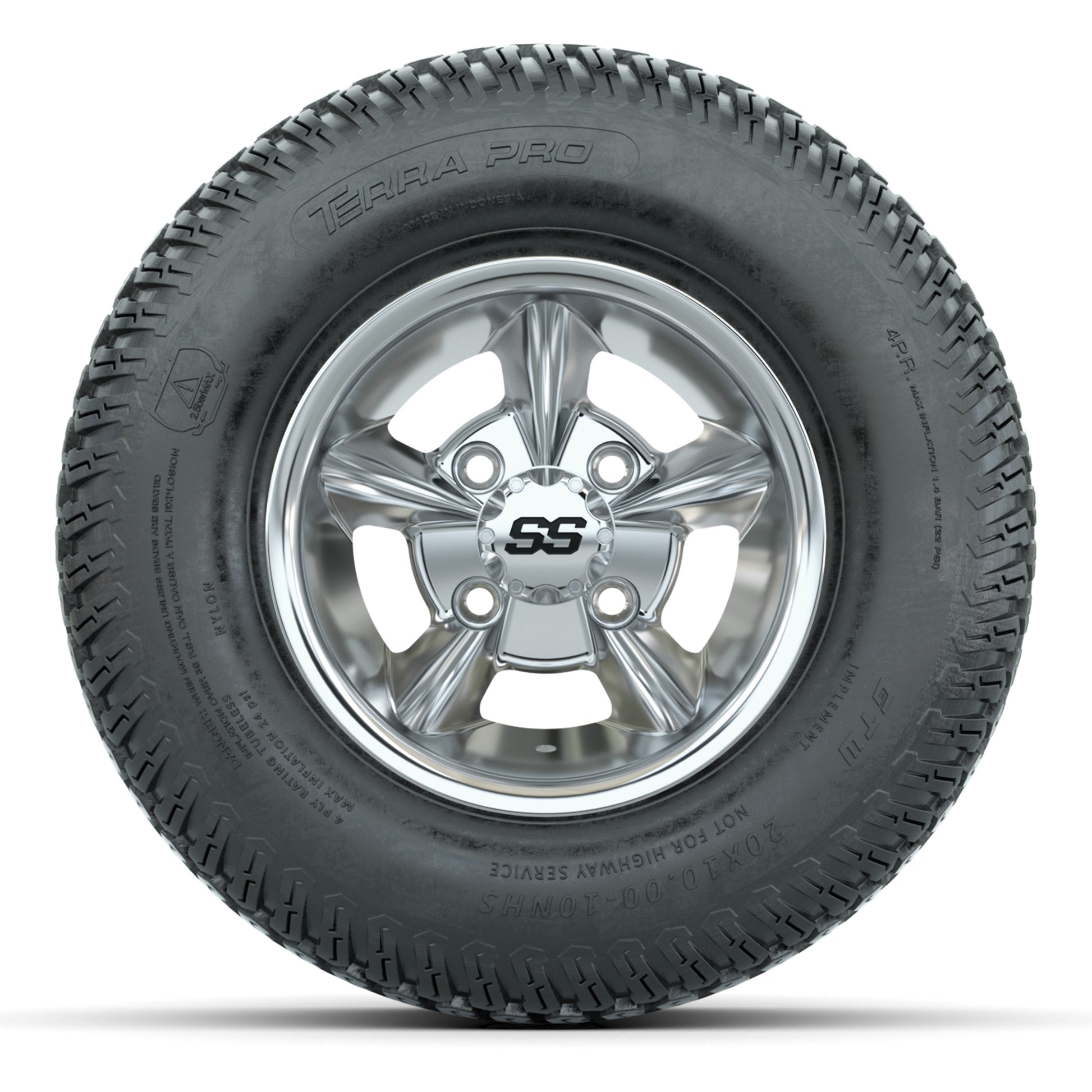 GTW Godfather Chrome 10 in Wheels with 20x10-10 S-Pattern Terra Pro Street Tires – Full Set