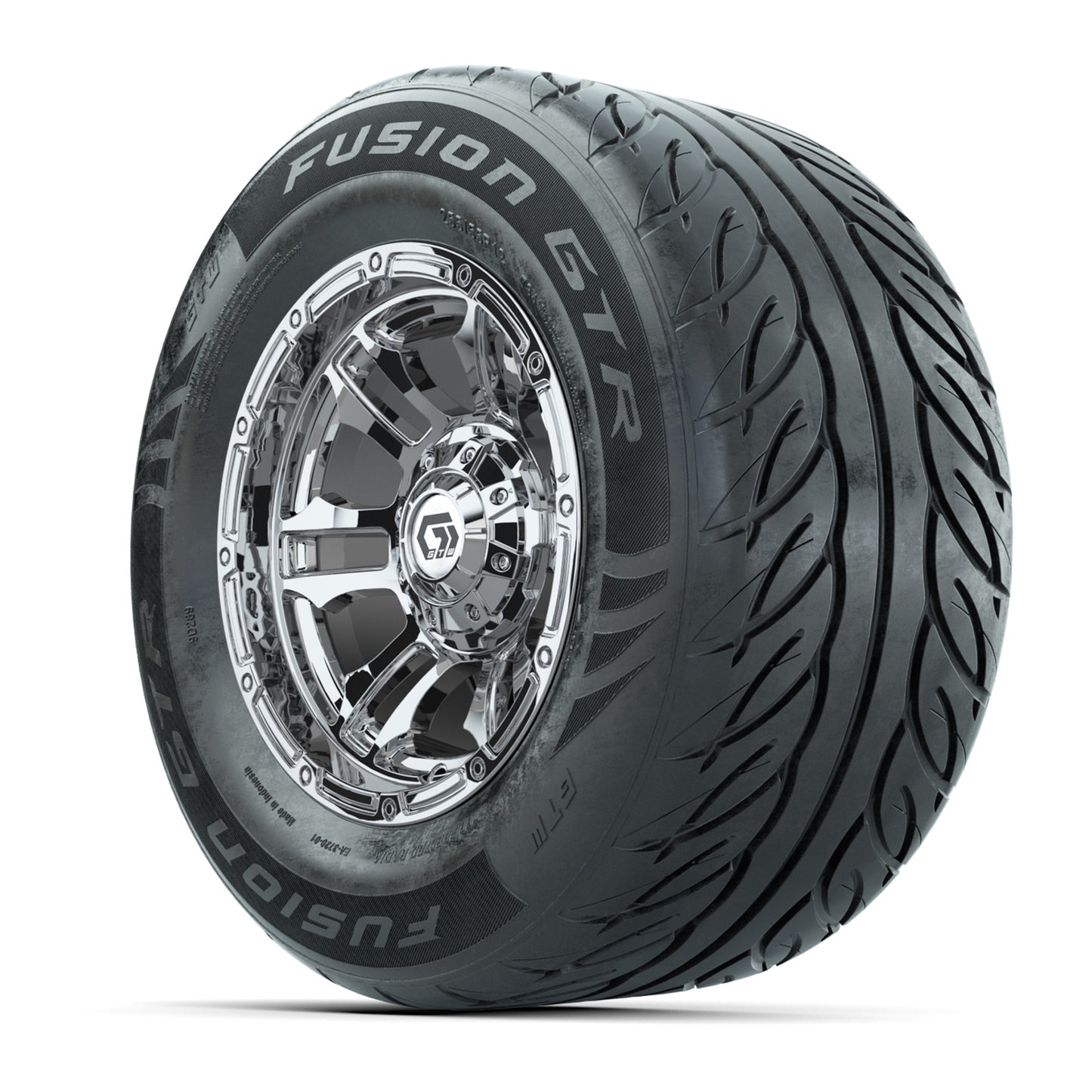 GTW® Shogun Chrome 12 in Wheels with 255/55-R12 Fusion GTR Steel Belt Radial Street Tires – Full Set