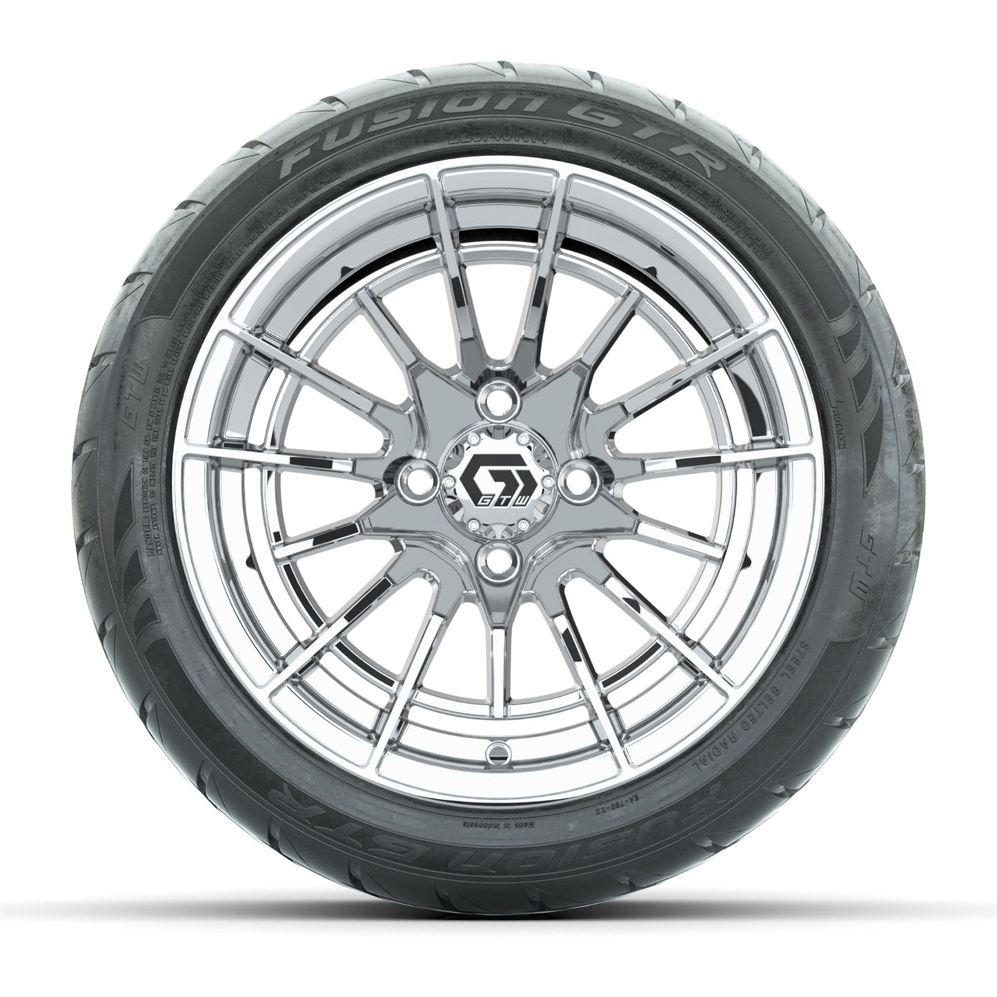 GTW® Boost Chrome 14 in Wheels with 225/40-R14 Fusion GTR Steel Belt Radial Street Tires – Full Set