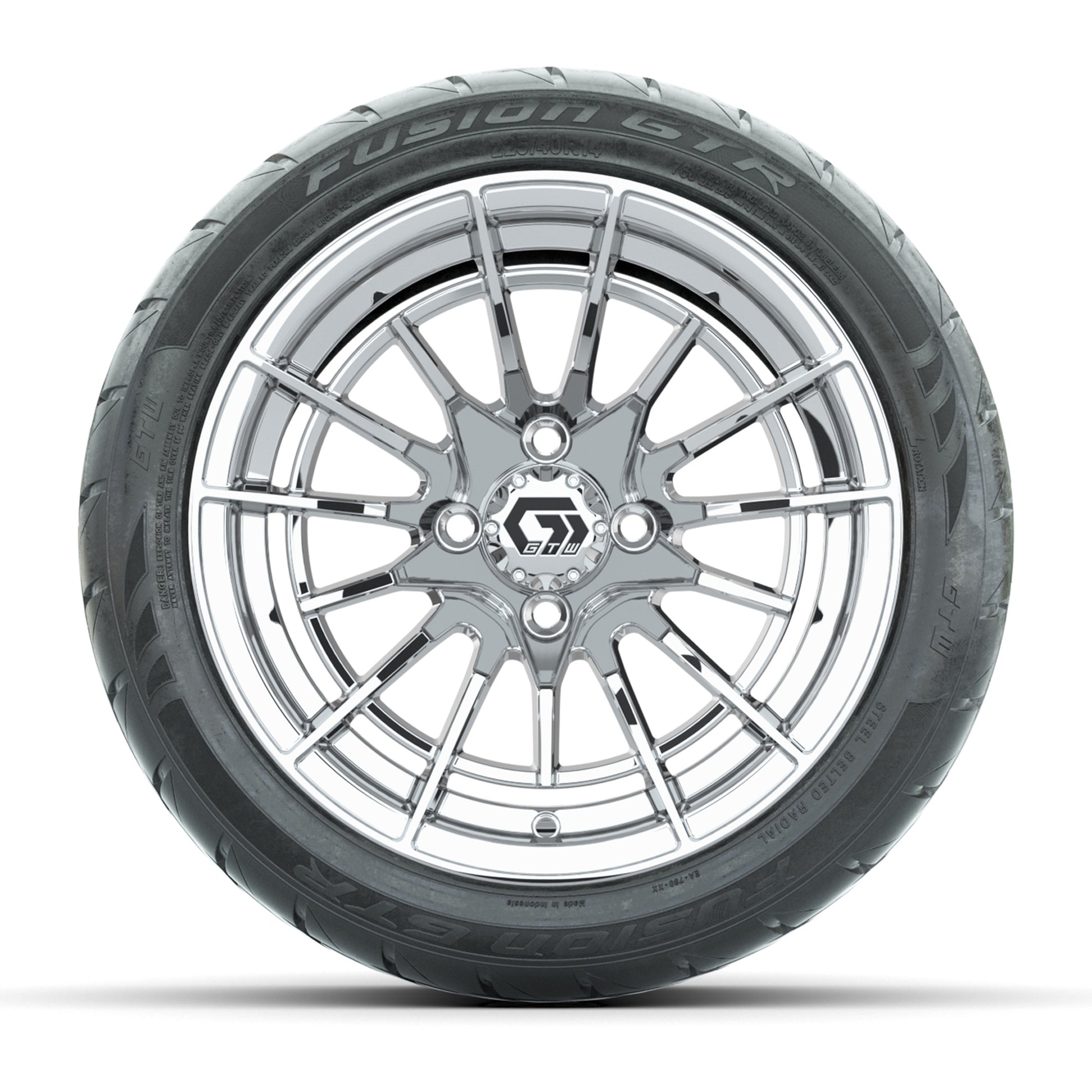 GTW® Boost Chrome 14 in Wheels with 225/40-R14 Fusion GTR Steel Belt Radial Street Tires – Full Set