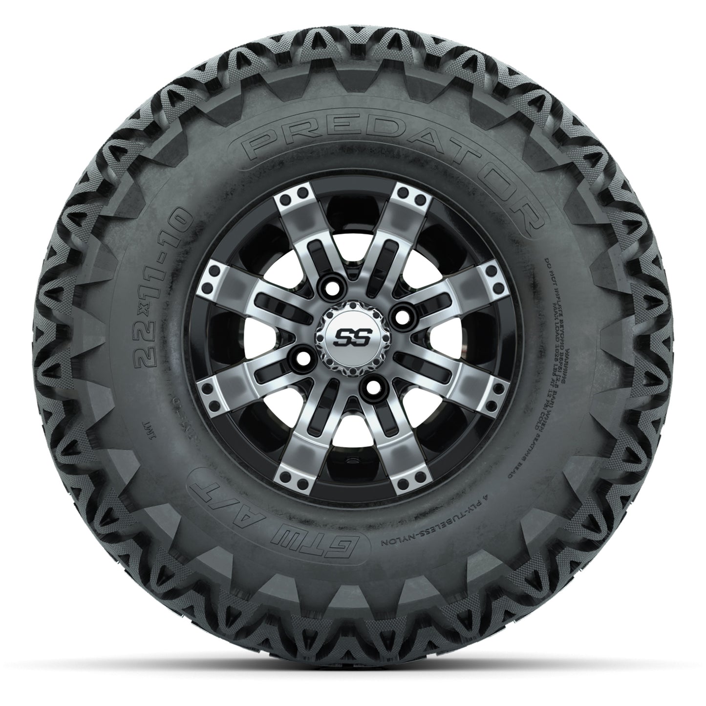 GTW Tempest Black/Machined 10 in Wheels with 22x11-10 Predator All-Terrain Tires – Full Set