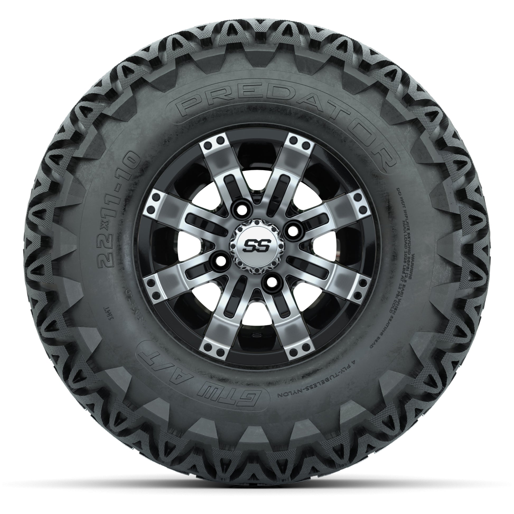 GTW Tempest Black/Machined 10 in Wheels with 22x11-10 Predator All-Terrain Tires – Full Set