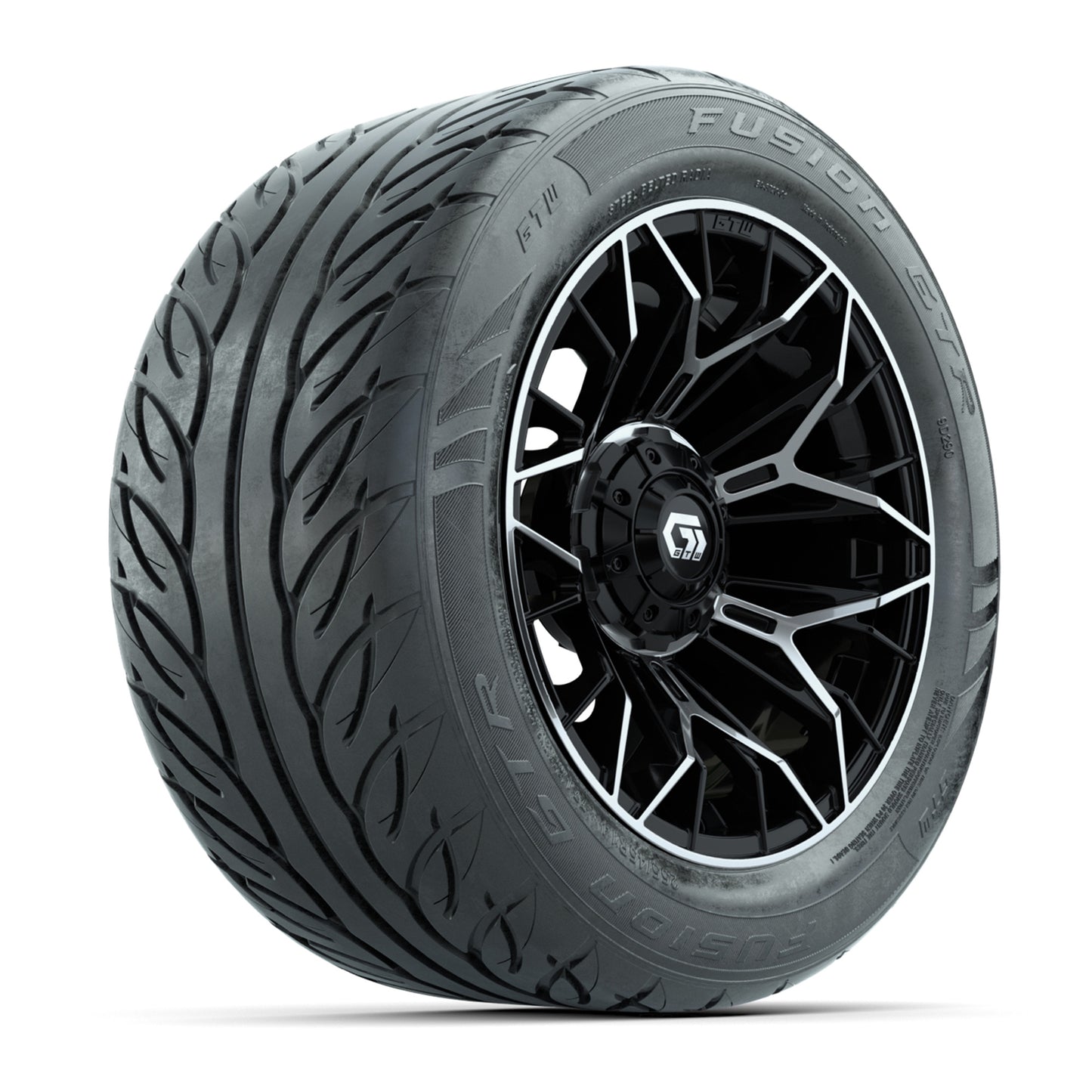GTW® Stellar Black/Machined 14 in Wheels with 255/45-R14 Fusion GTR Steel Belt Radial Street Tires – Full Set