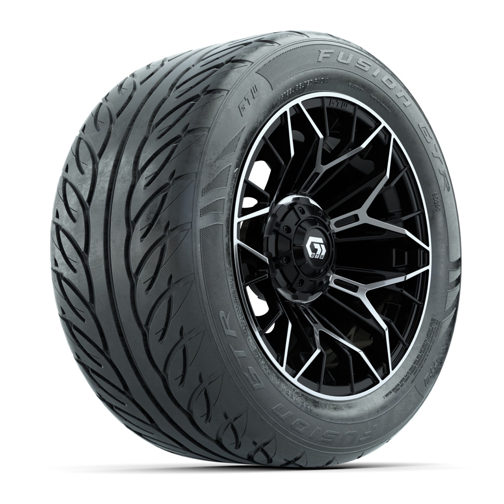 GTW® Stellar Black/Machined 14 in Wheels with 255/45-R14 Fusion GTR Steel Belt Radial Street Tires – Full Set