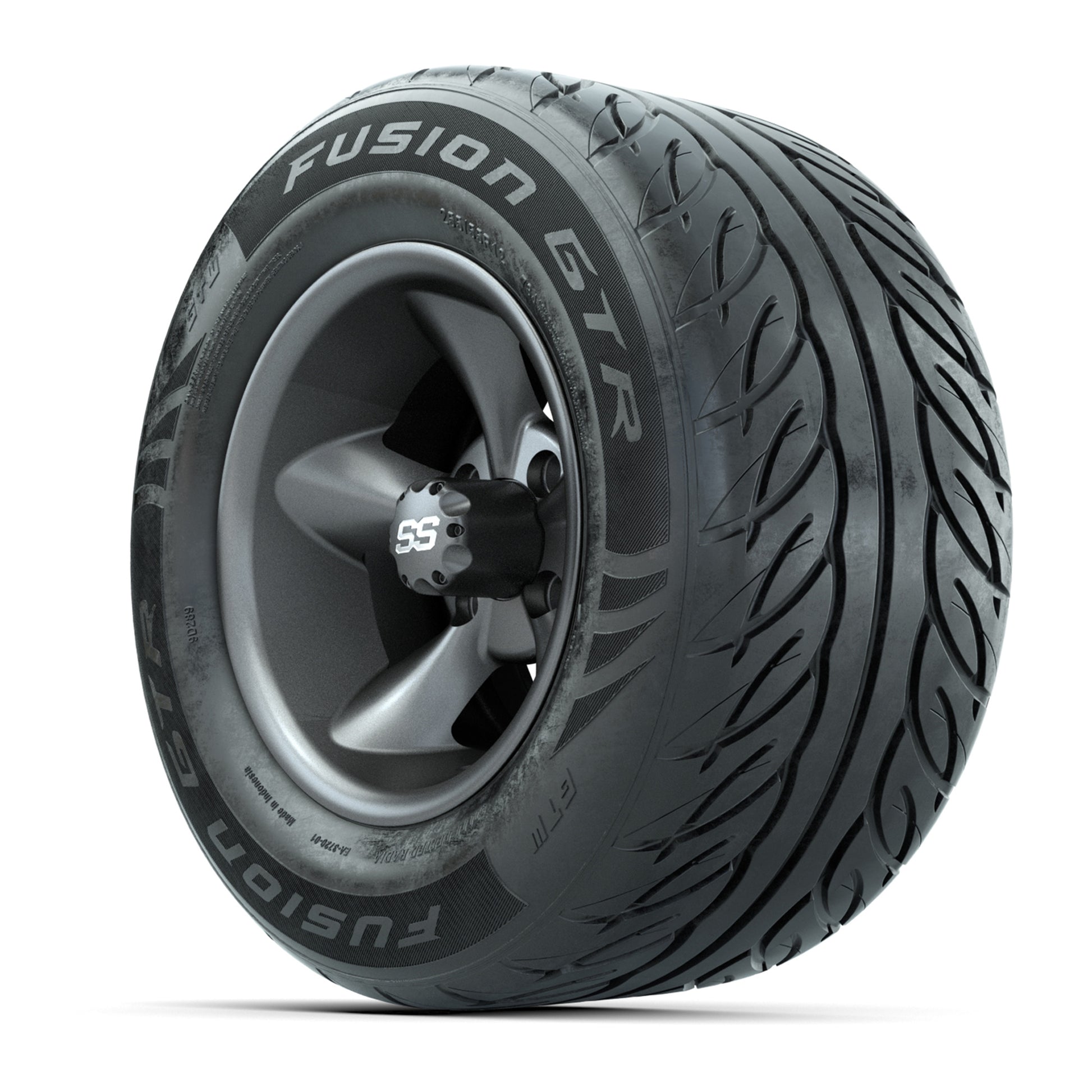 GTW® Godfather Matte Gray 12 in Wheels with 255/55-R12 Fusion GTR Steel Belt Radial Street Tires – Full Set